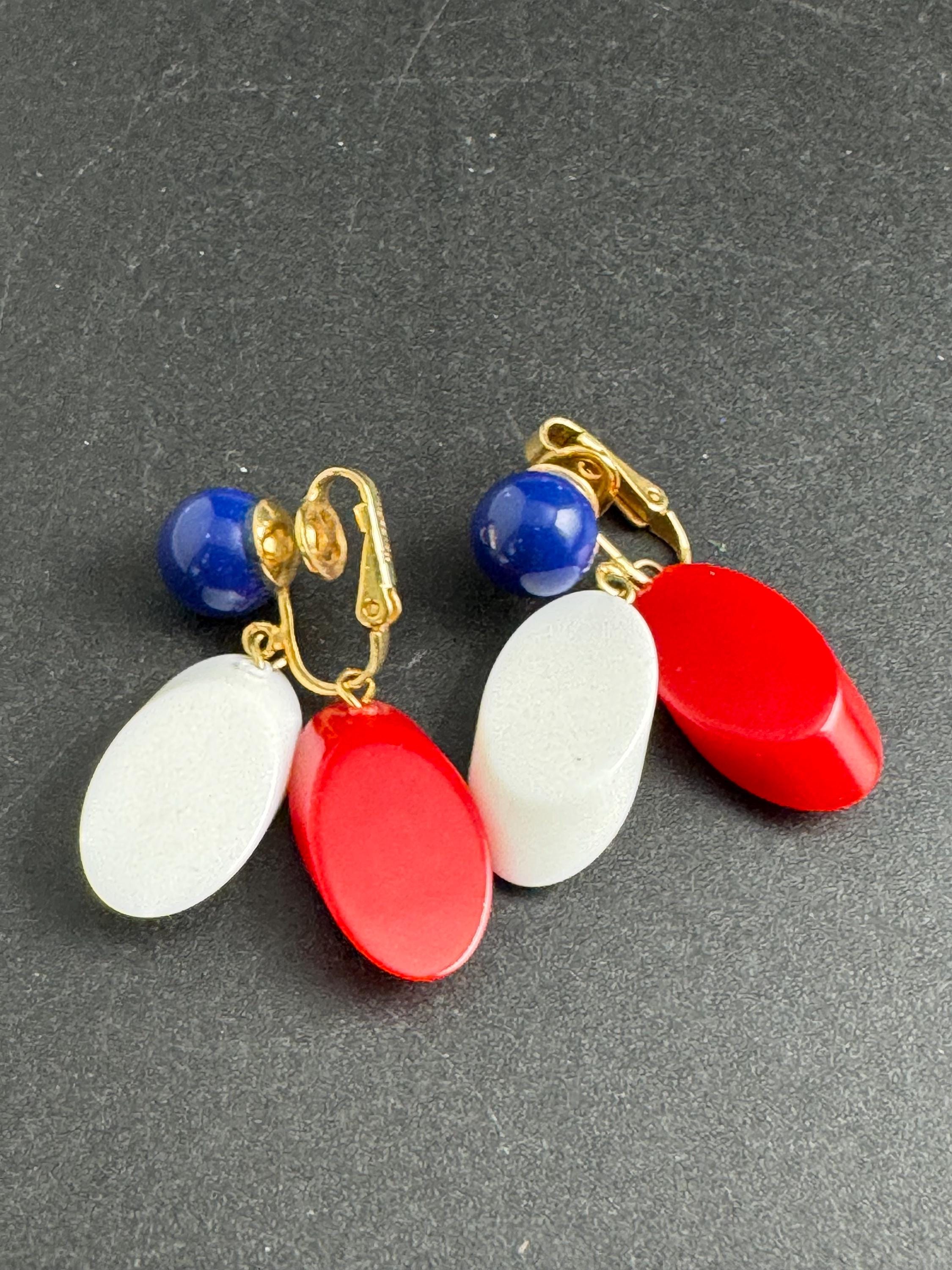 Vintage Trifari plastic clip on earrings, red white and blue dangly USA signed