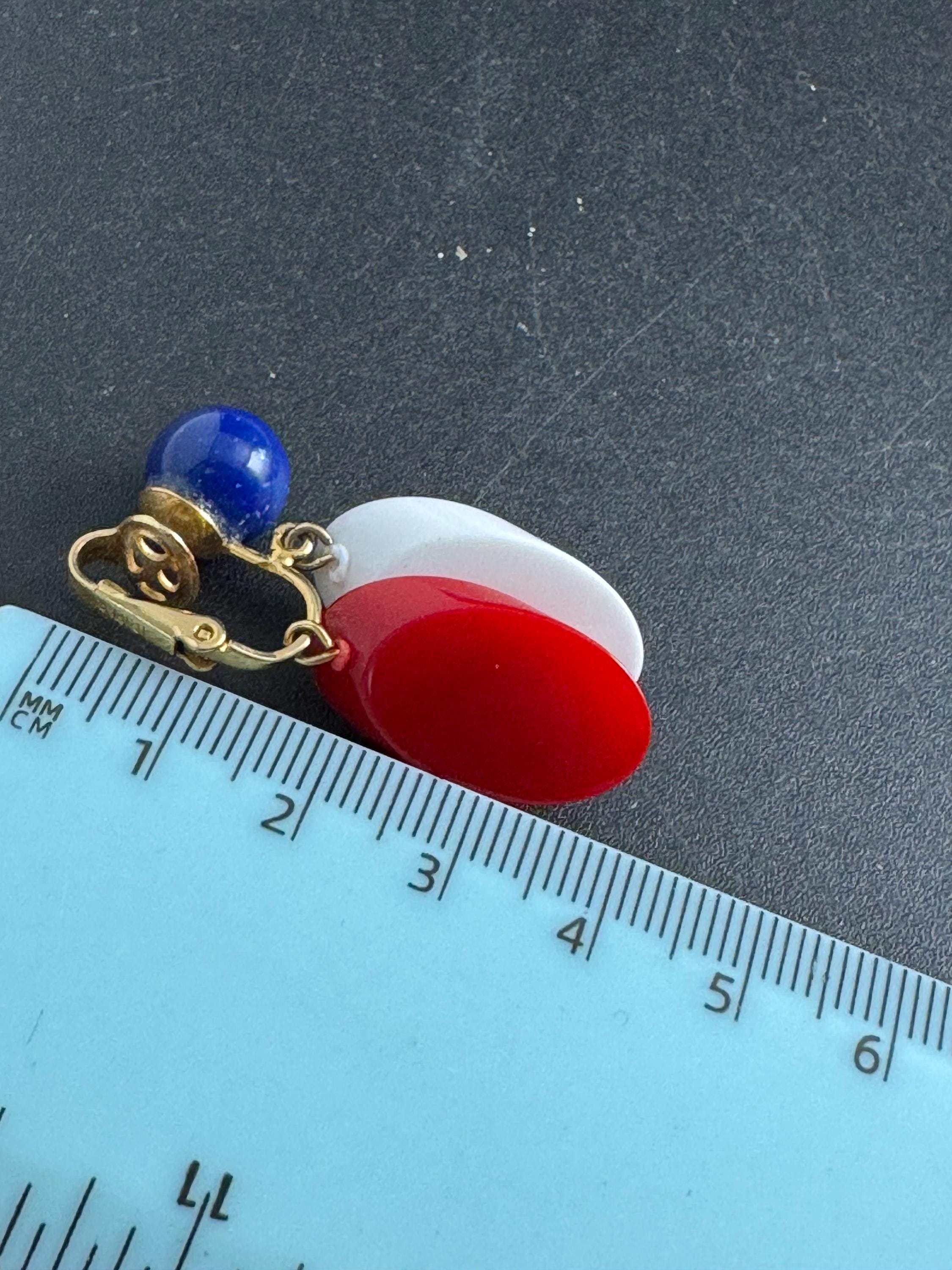 Vintage Trifari plastic clip on earrings, red white and blue dangly USA signed