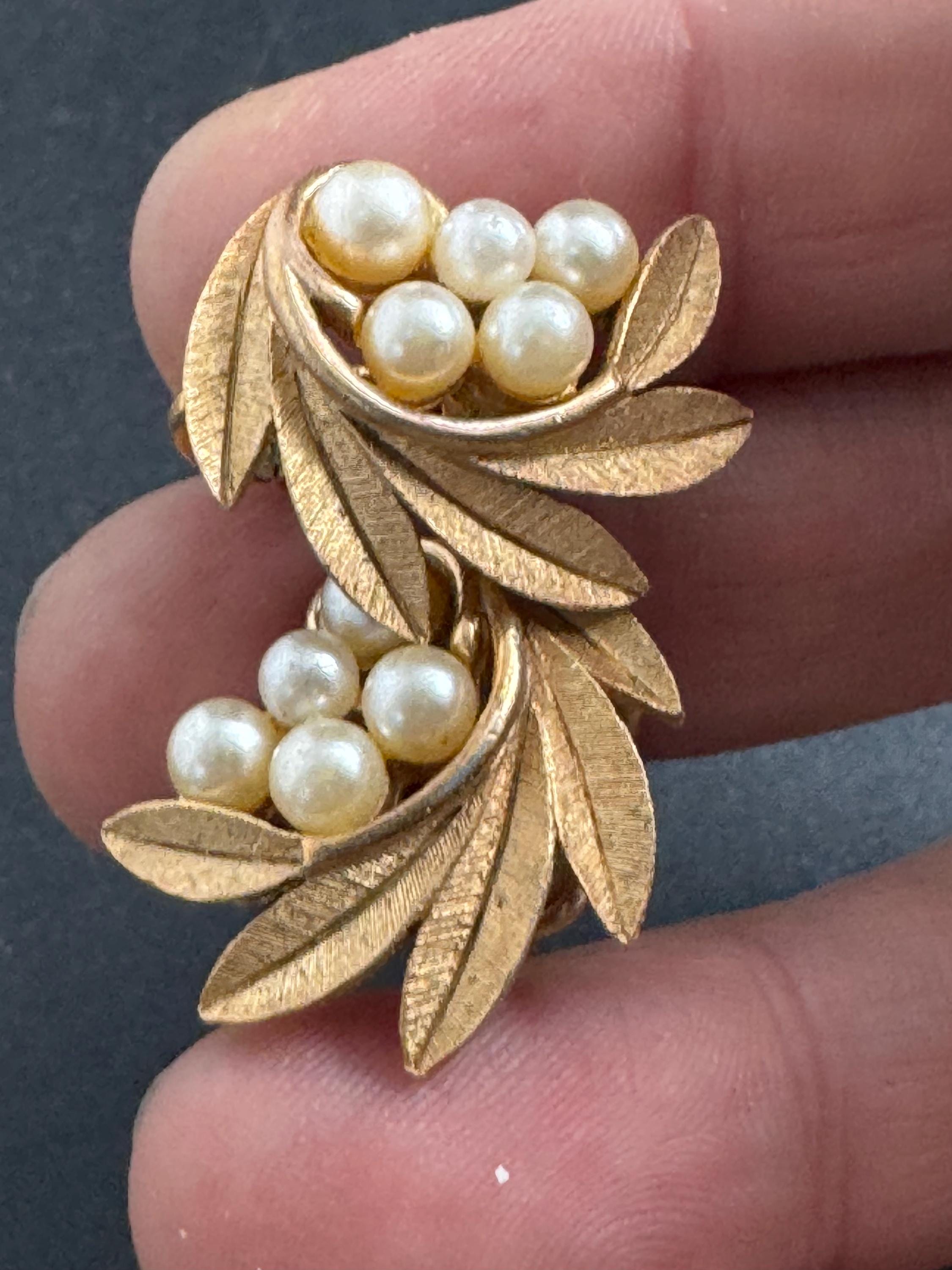 Signed Trifari pearl clip on earrings, vintage leaf design Matt gold tone