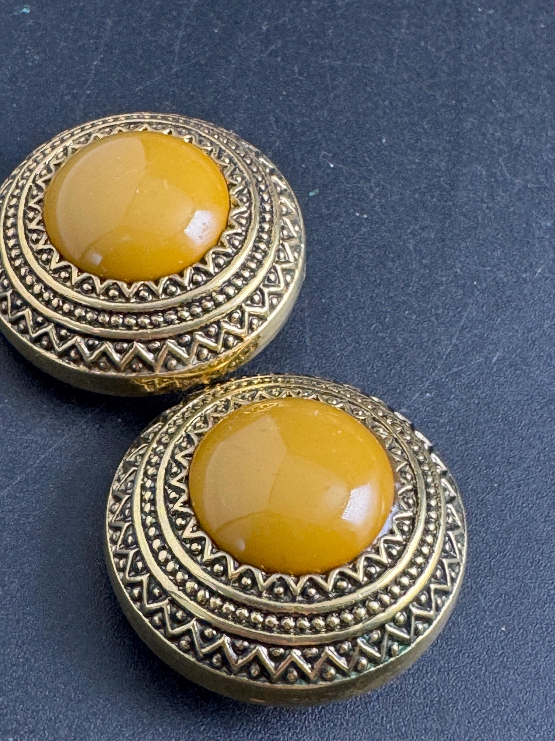 West Germany gold clip on earrings, brown tan acrylic signed  3.5cm