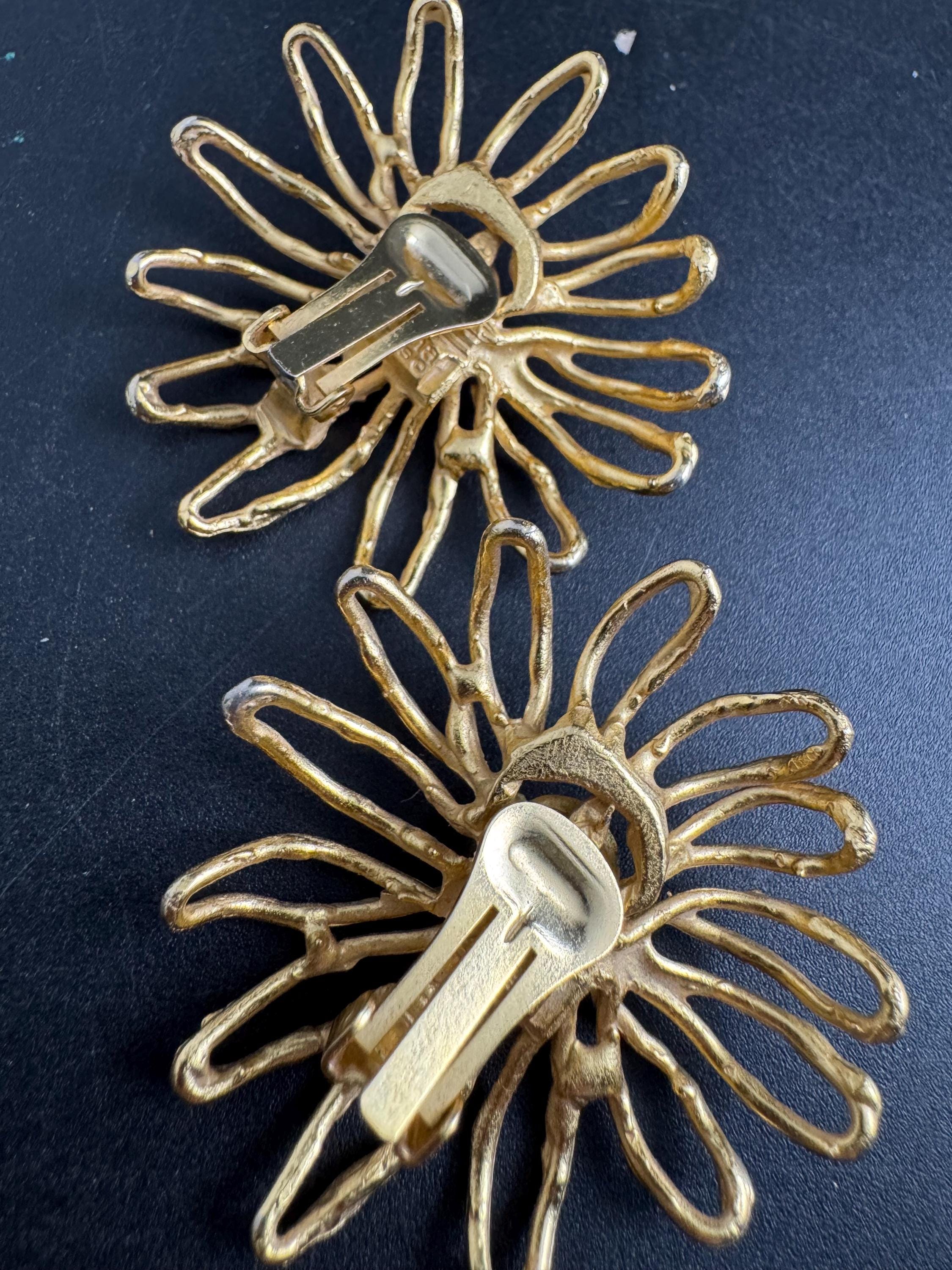ORENA Paris gold clip on earrings, oversized big flowers