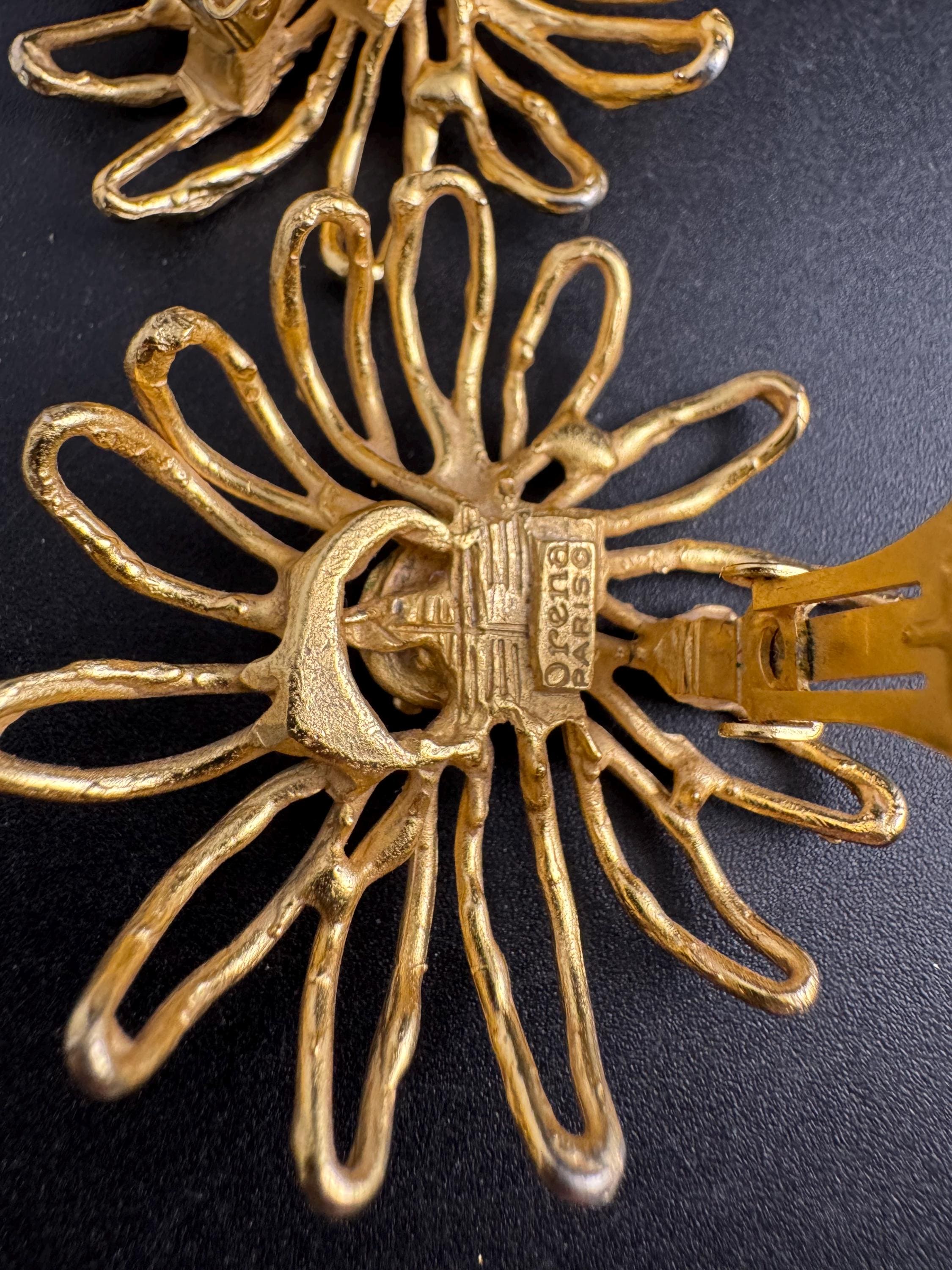 ORENA Paris gold clip on earrings, oversized big flowers