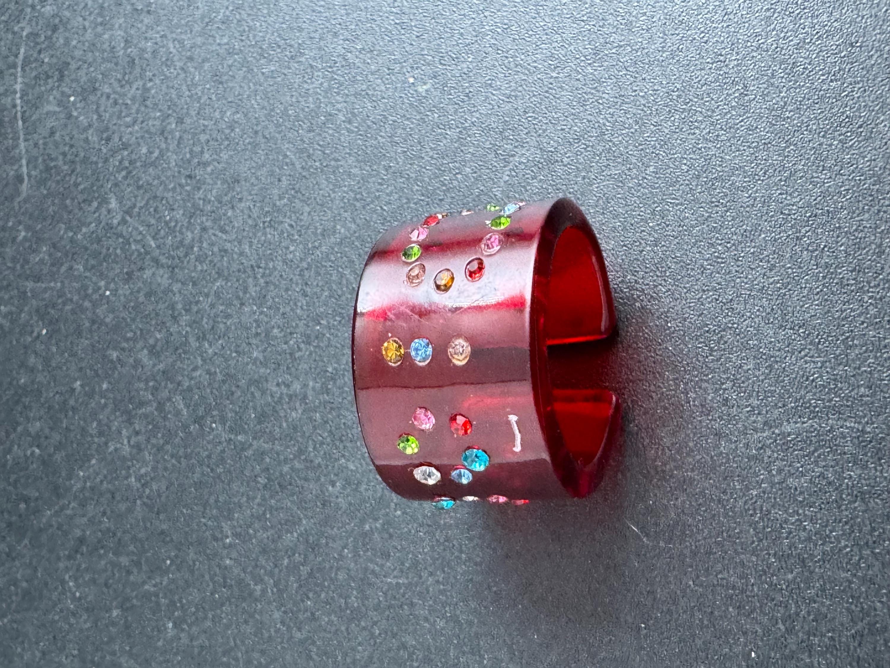 Christian Dior red acrylic dress ring , designer rhinestone jewellery