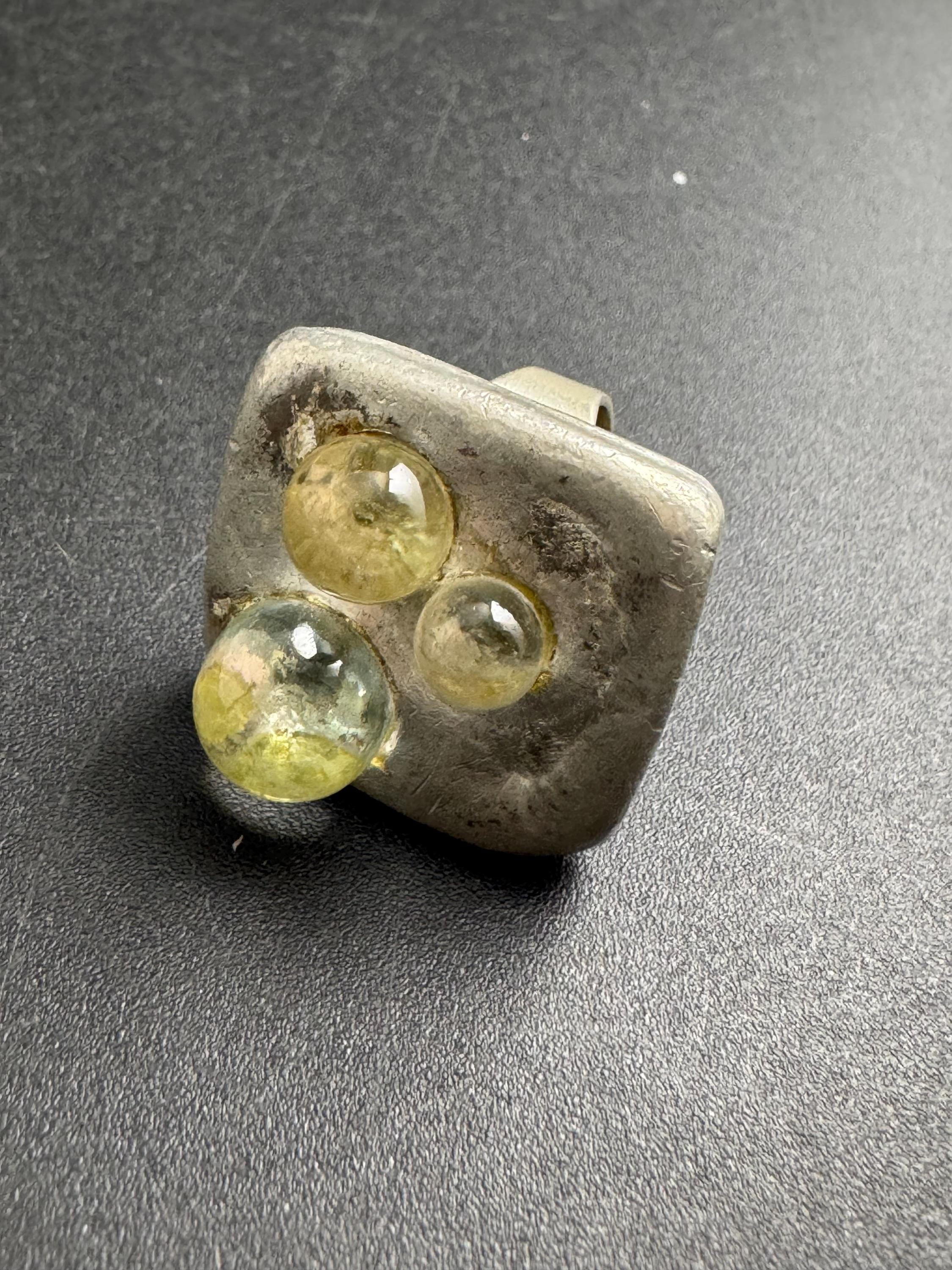 Adjustable Danish pewter ring, set with citrine gemstone spheres, stamped Denmark 1970s