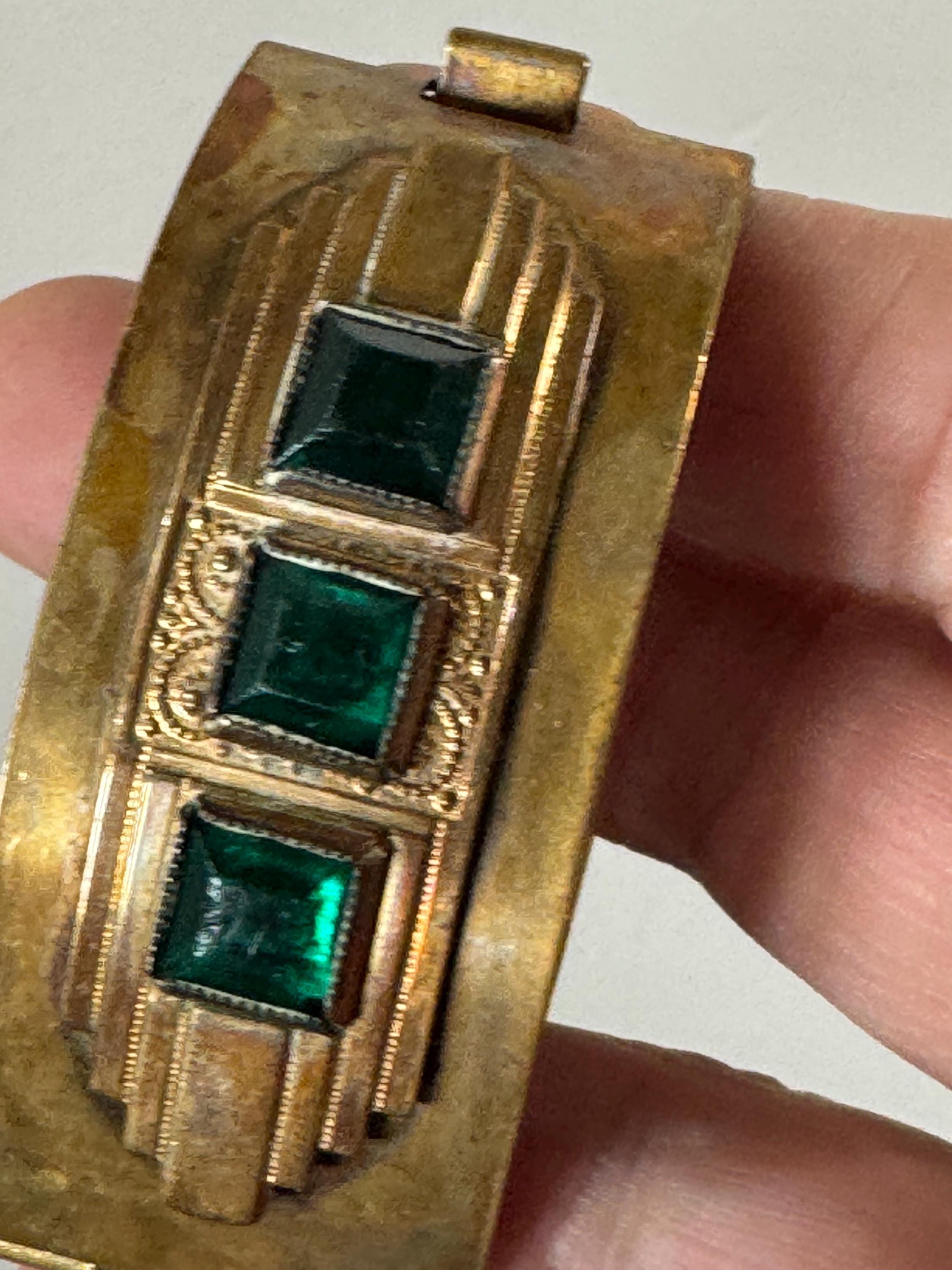 Czech art deco brass clamper Bangle bracelet, set with emerald green rhinestones