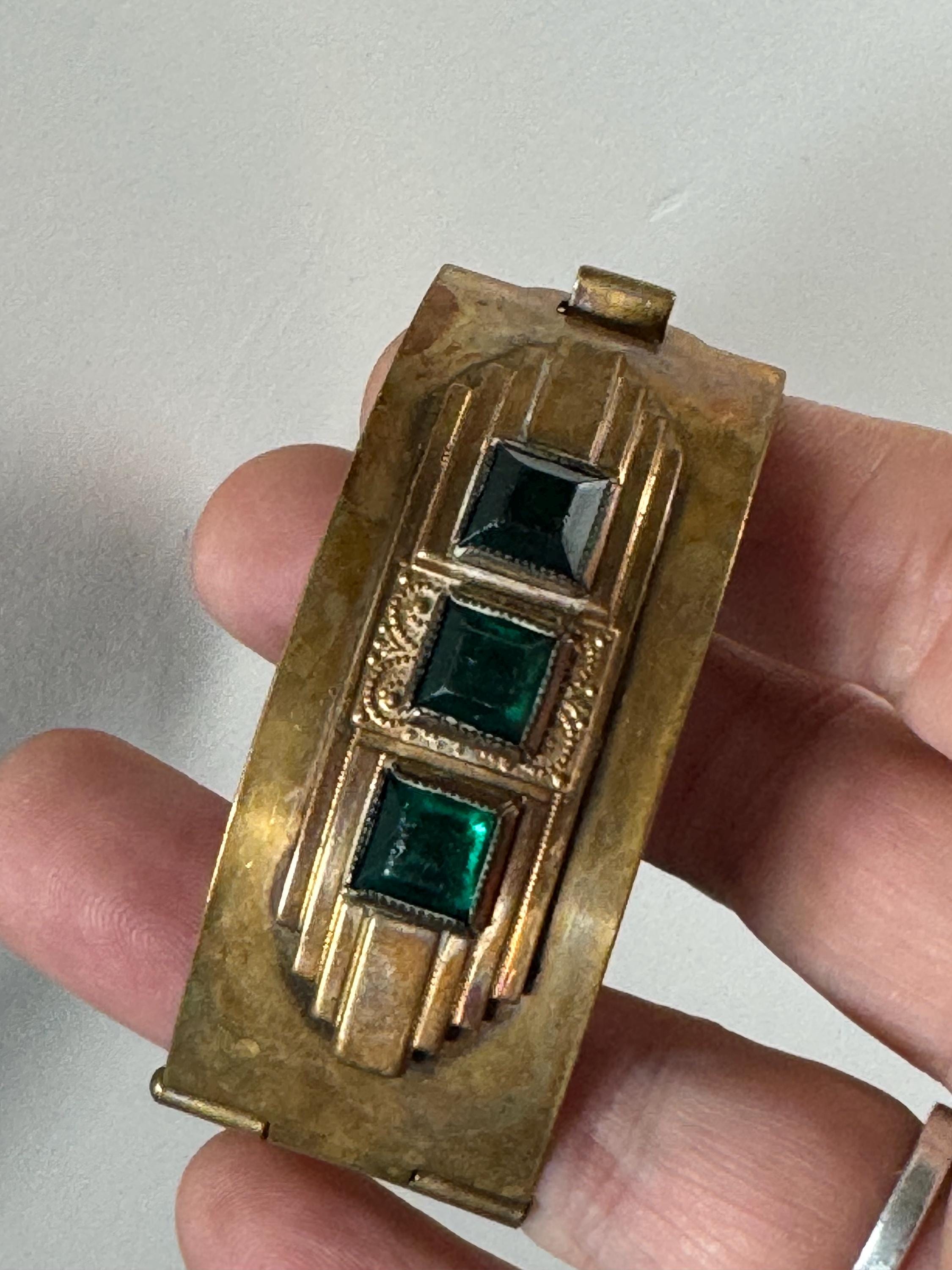 Czech art deco brass clamper Bangle bracelet, set with emerald green rhinestones