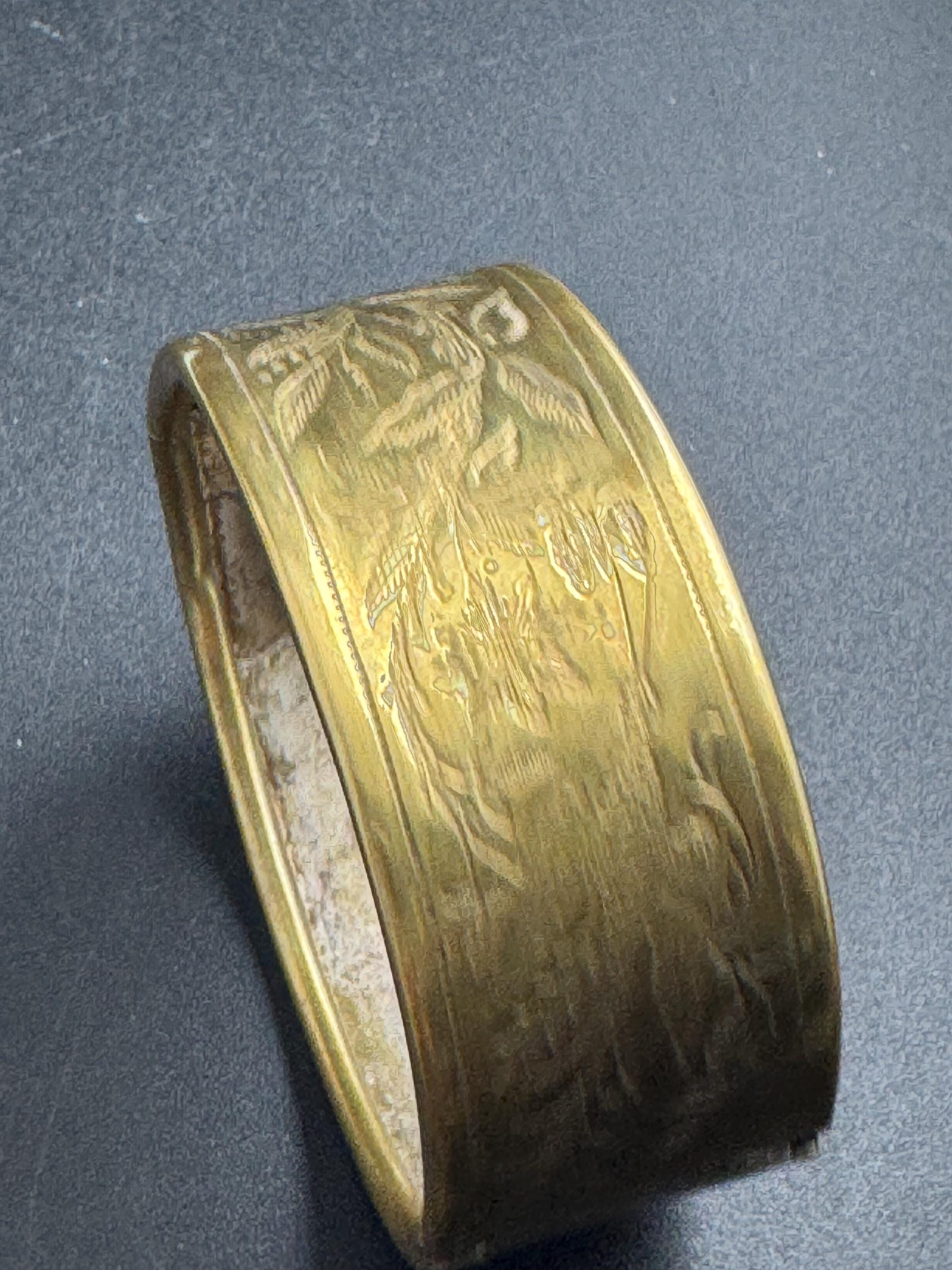 Petite fit Victorian engraved wide brass bangle :  hinged bracelet gold tone