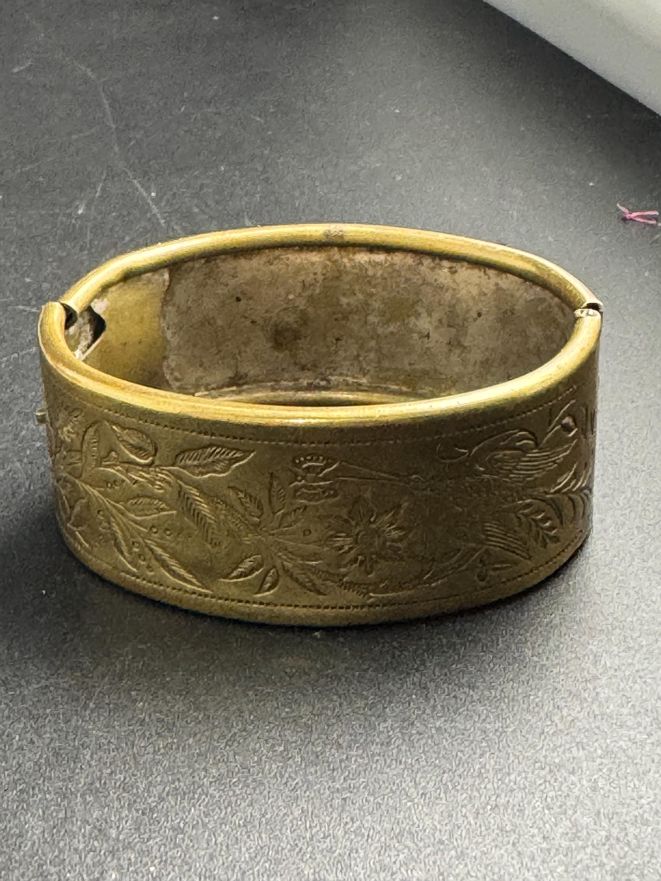 Petite fit Victorian engraved wide brass bangle :  hinged bracelet gold tone