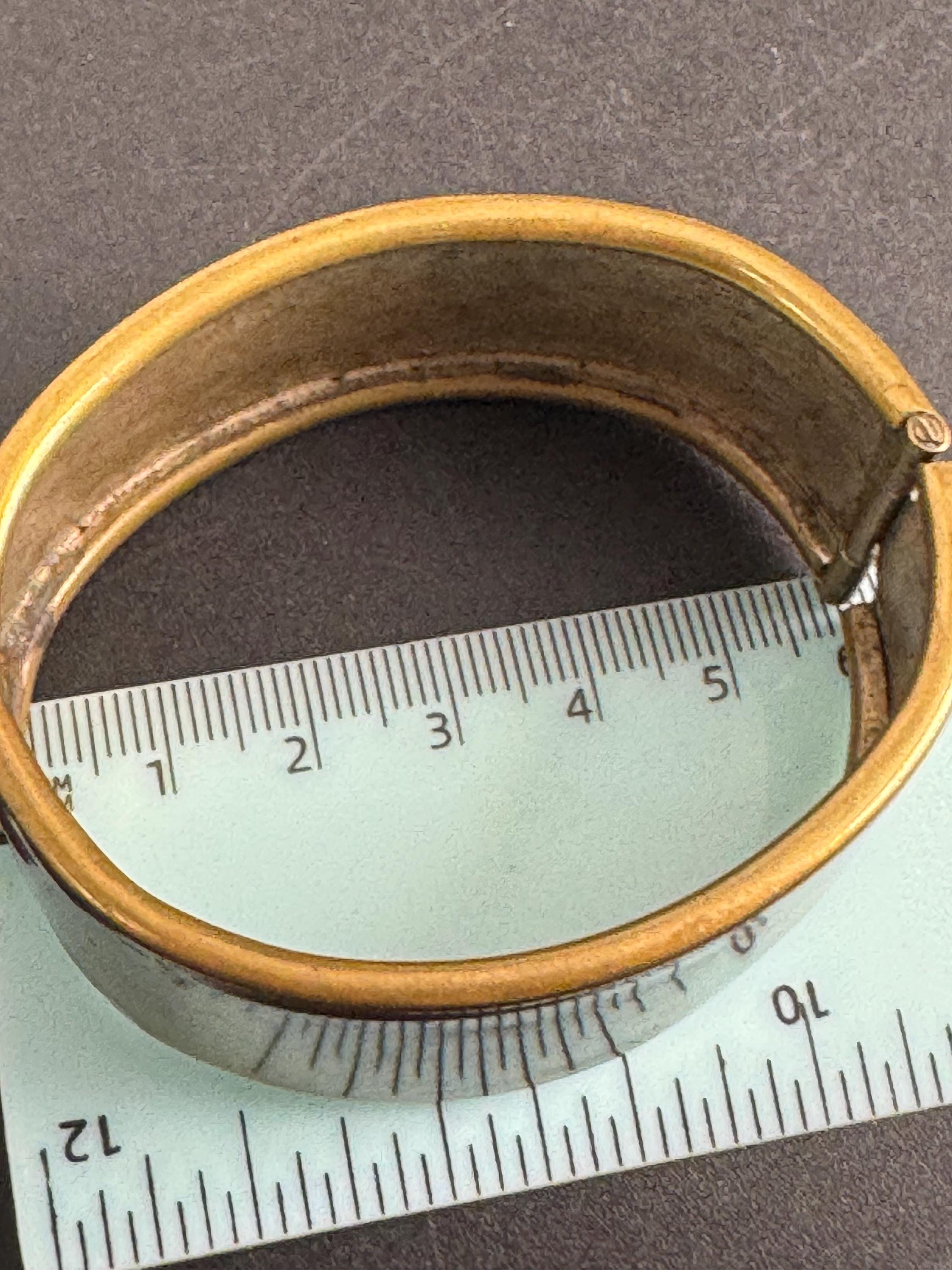 Petite fit Victorian engraved wide brass bangle :  hinged bracelet gold tone