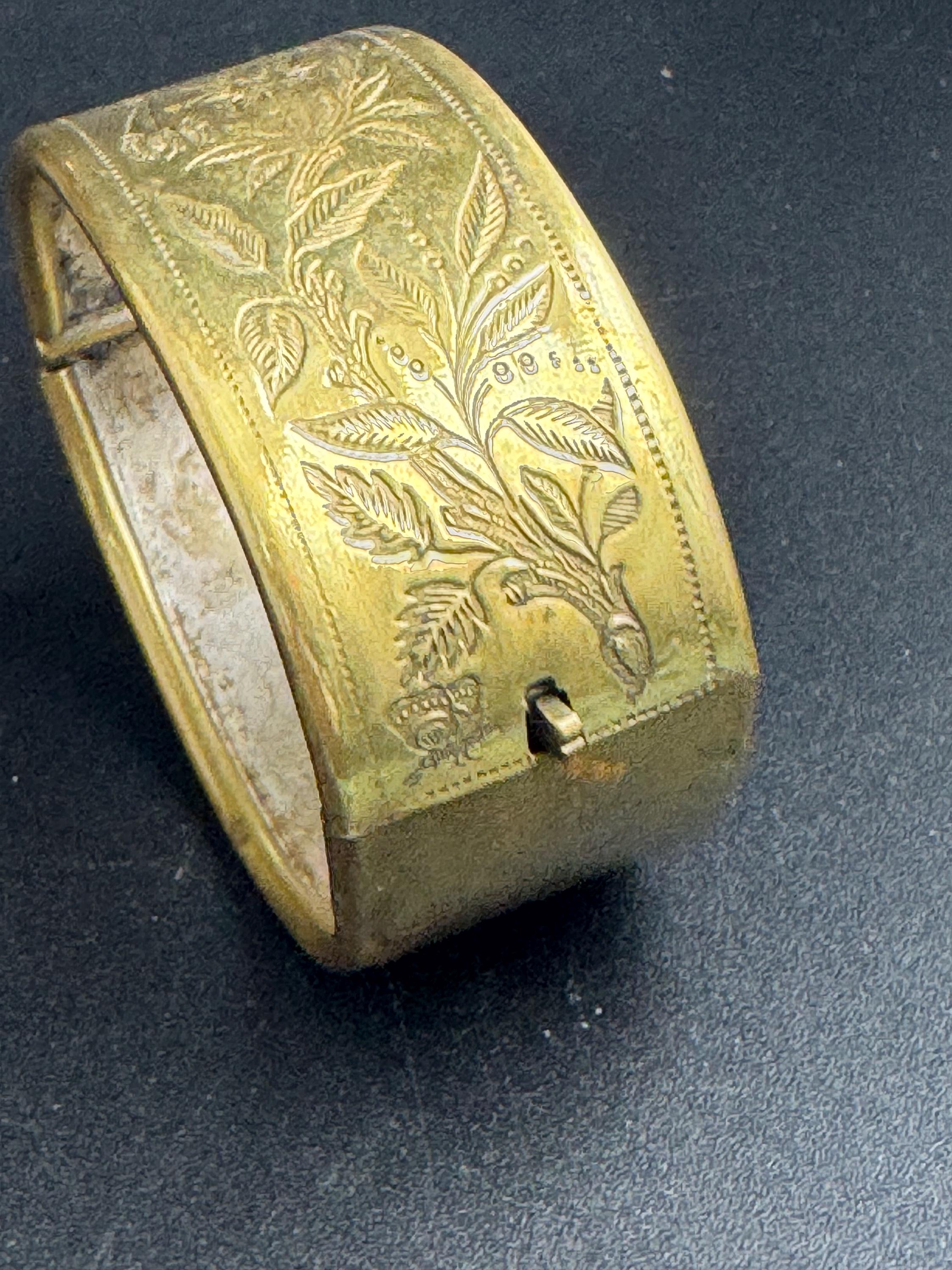 Petite fit Victorian engraved wide brass bangle :  hinged bracelet gold tone