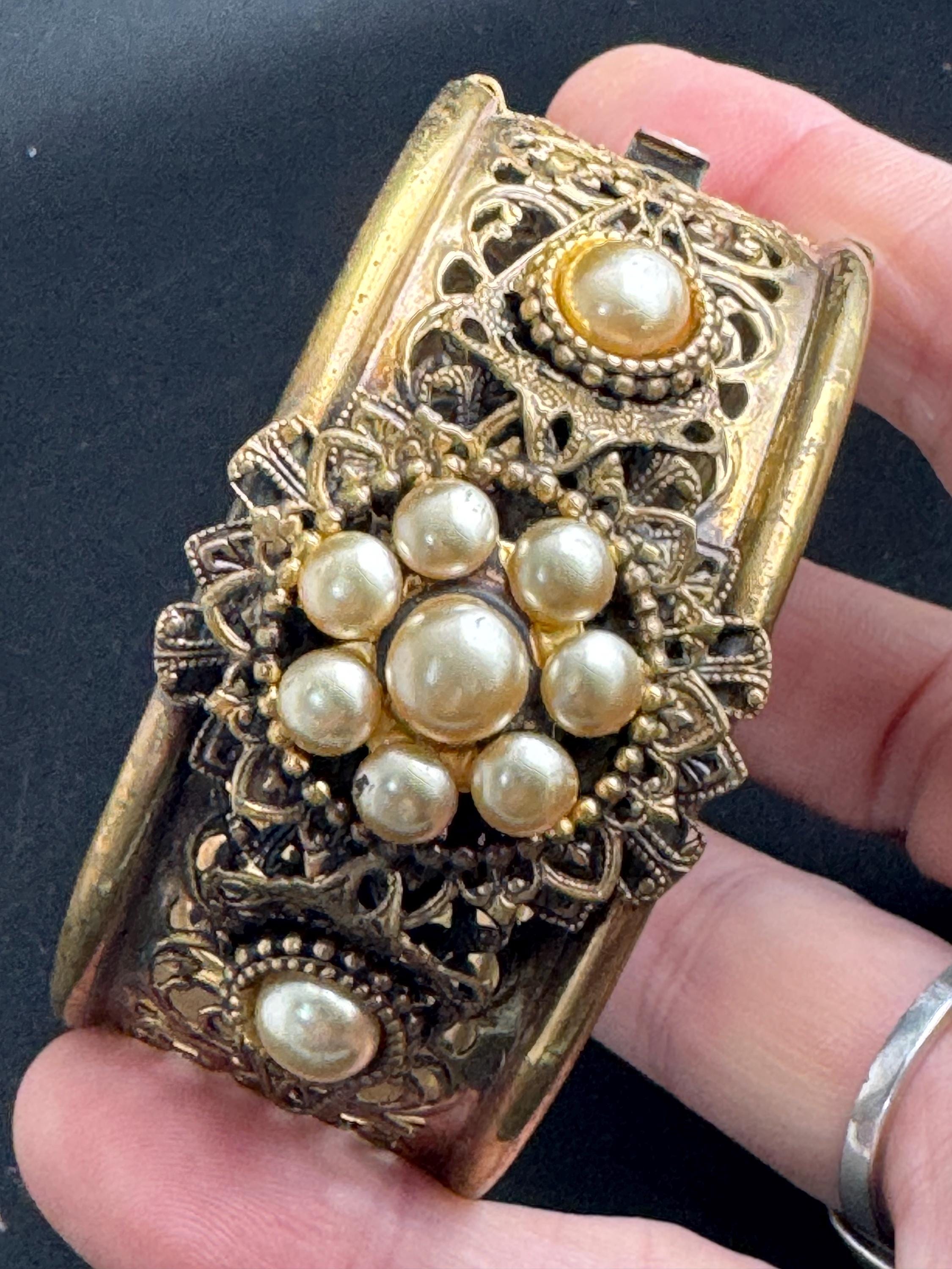 Victorian pearl openwork bangle :  wide brass floral