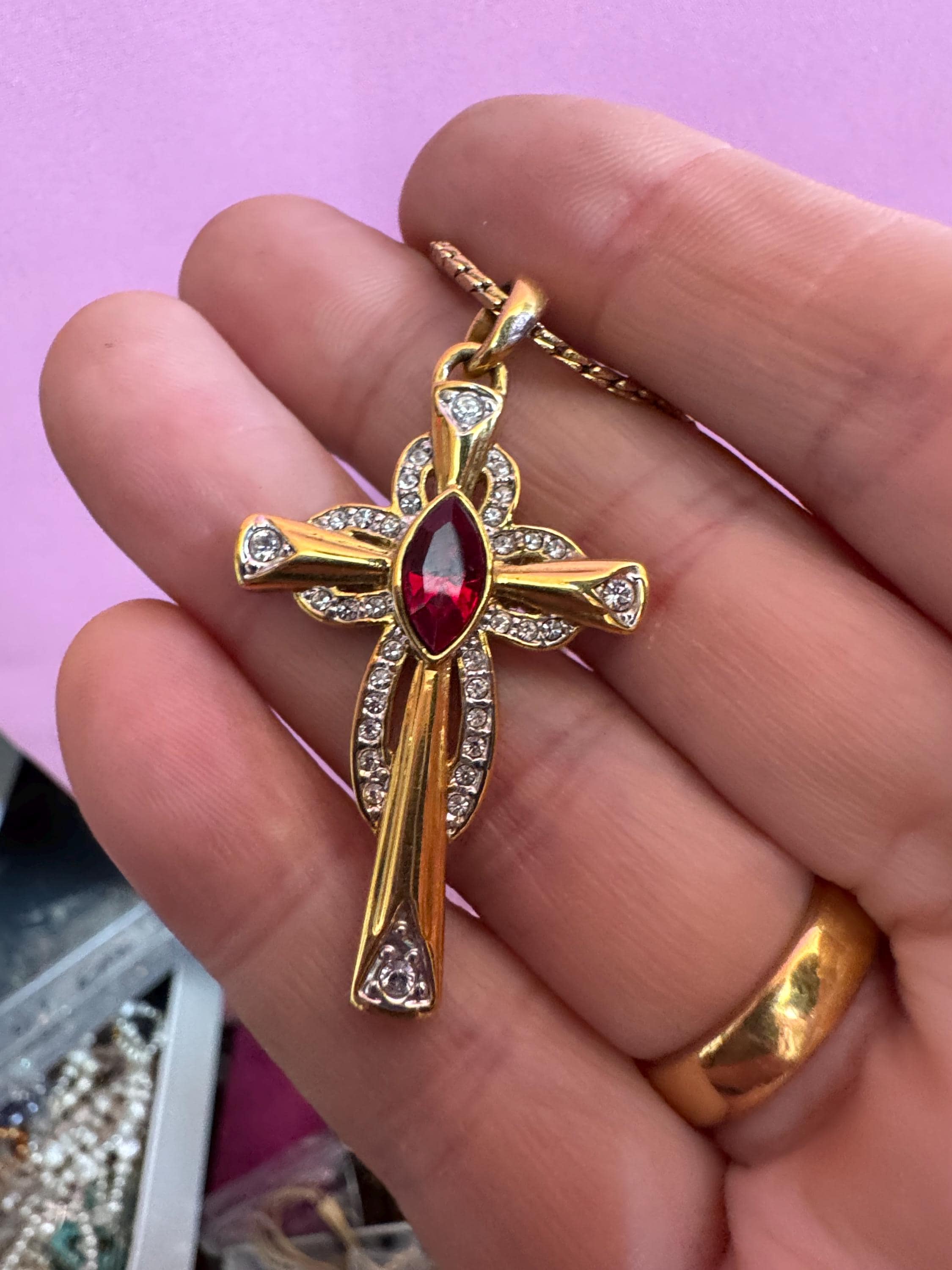 JBK Ruby rhinestone cross pendant, signed Jackie Kennedy camrose and cross
