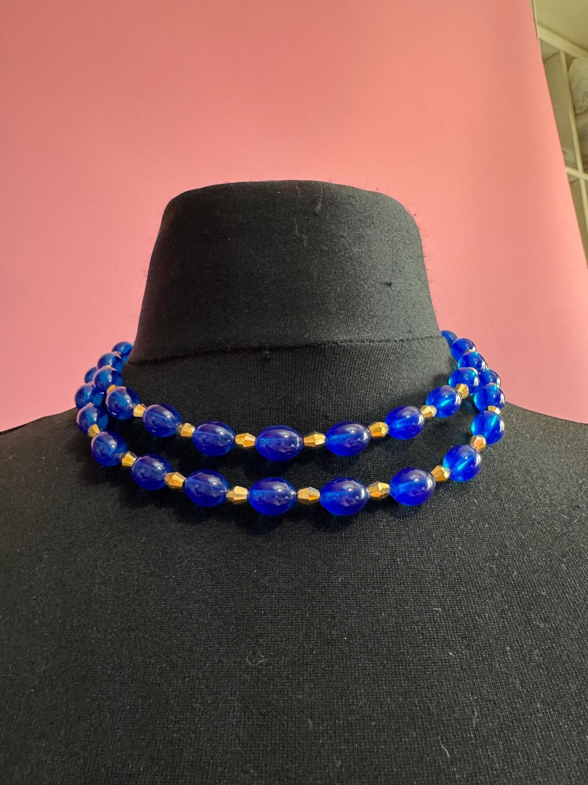 Trifari bright blue beaded necklace , double row Matt gold vintage choker