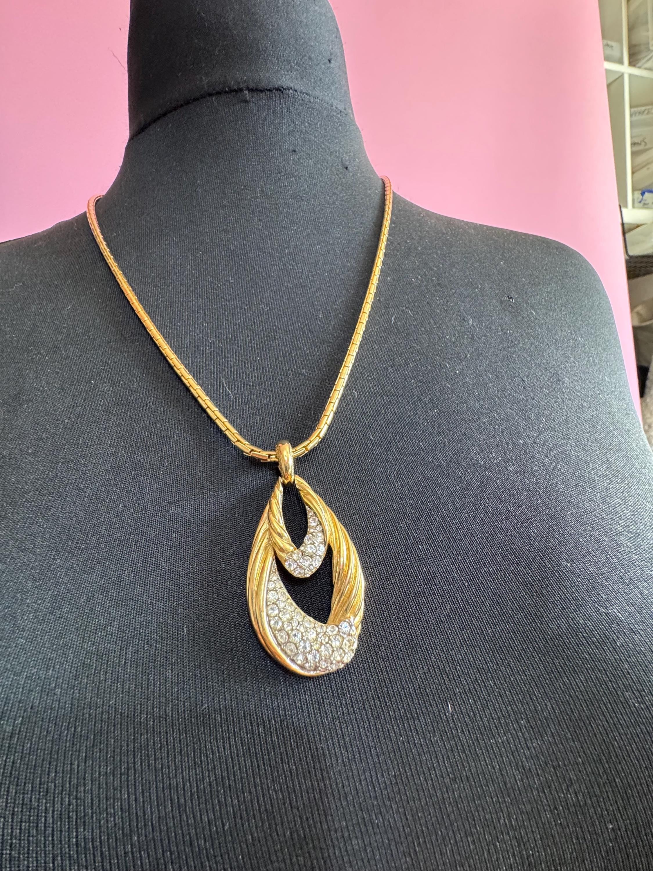 D’orlan rhinestone pendant necklace, vintage signed gold plated