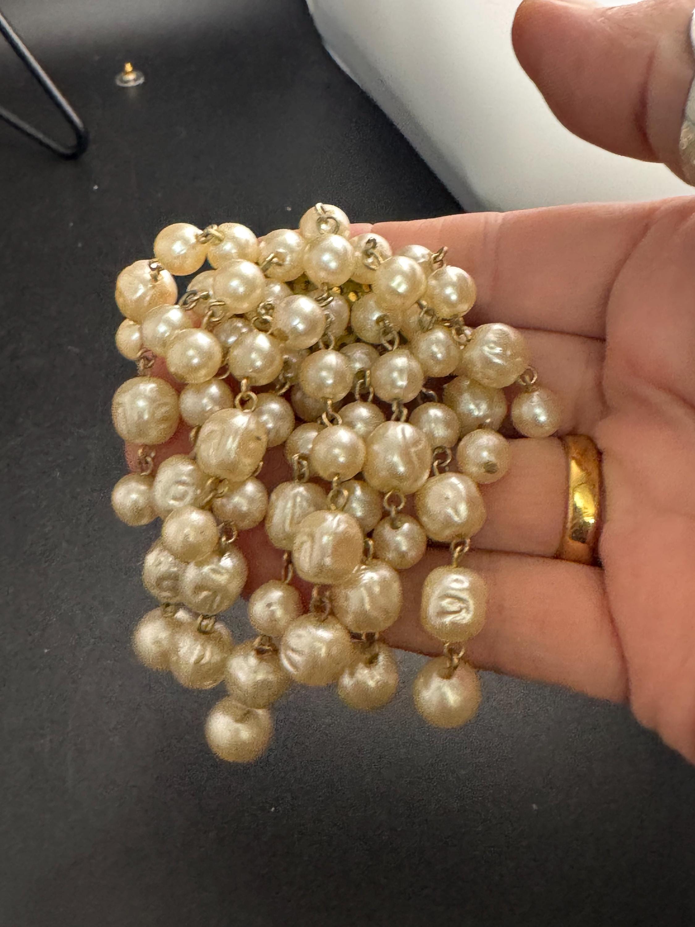 Big pearl beaded waterfall brooch, vintage plastic beads