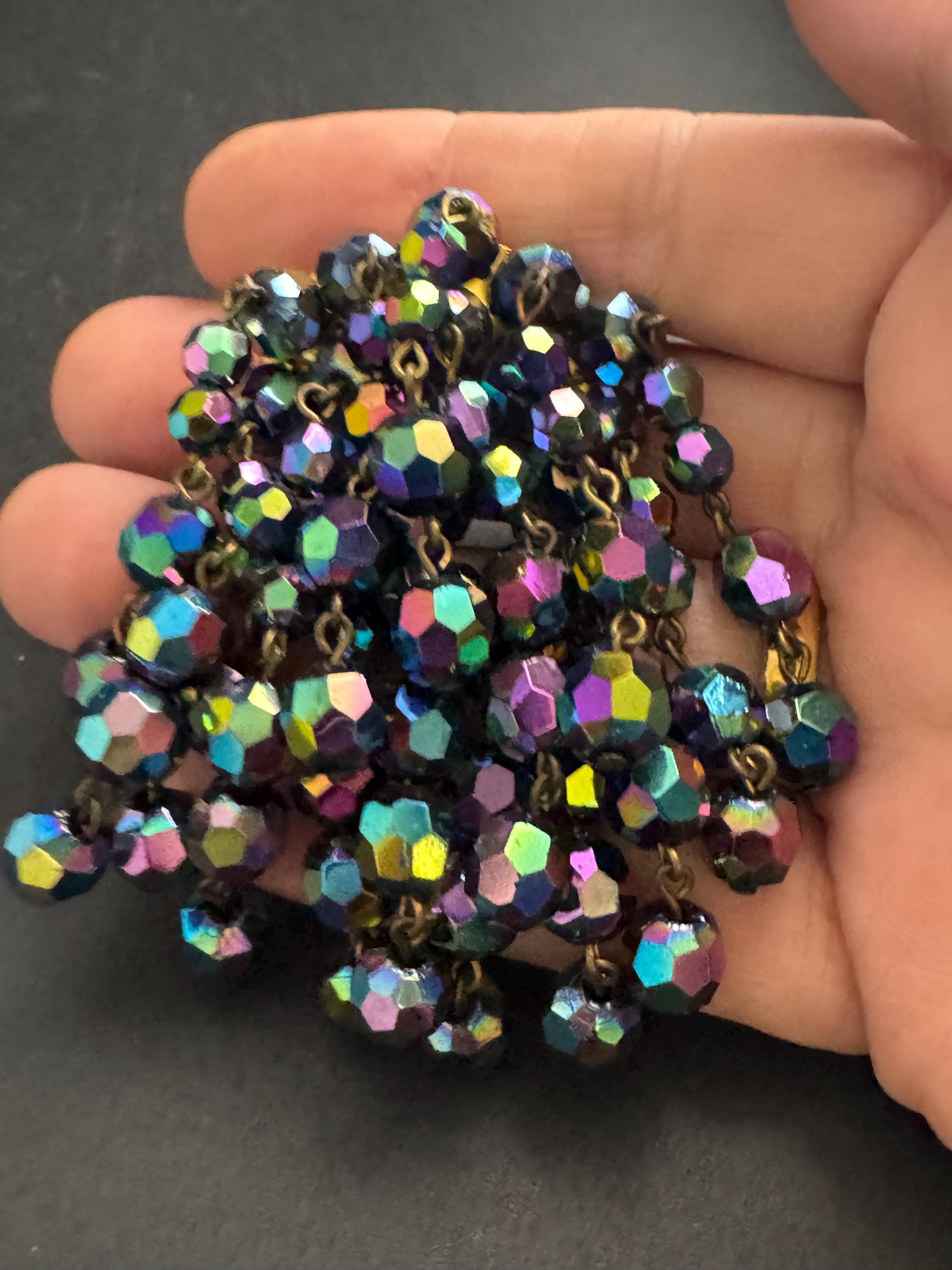 black AB glass Waterfall Brooch,  vintage 1970s rainbow faceted beads