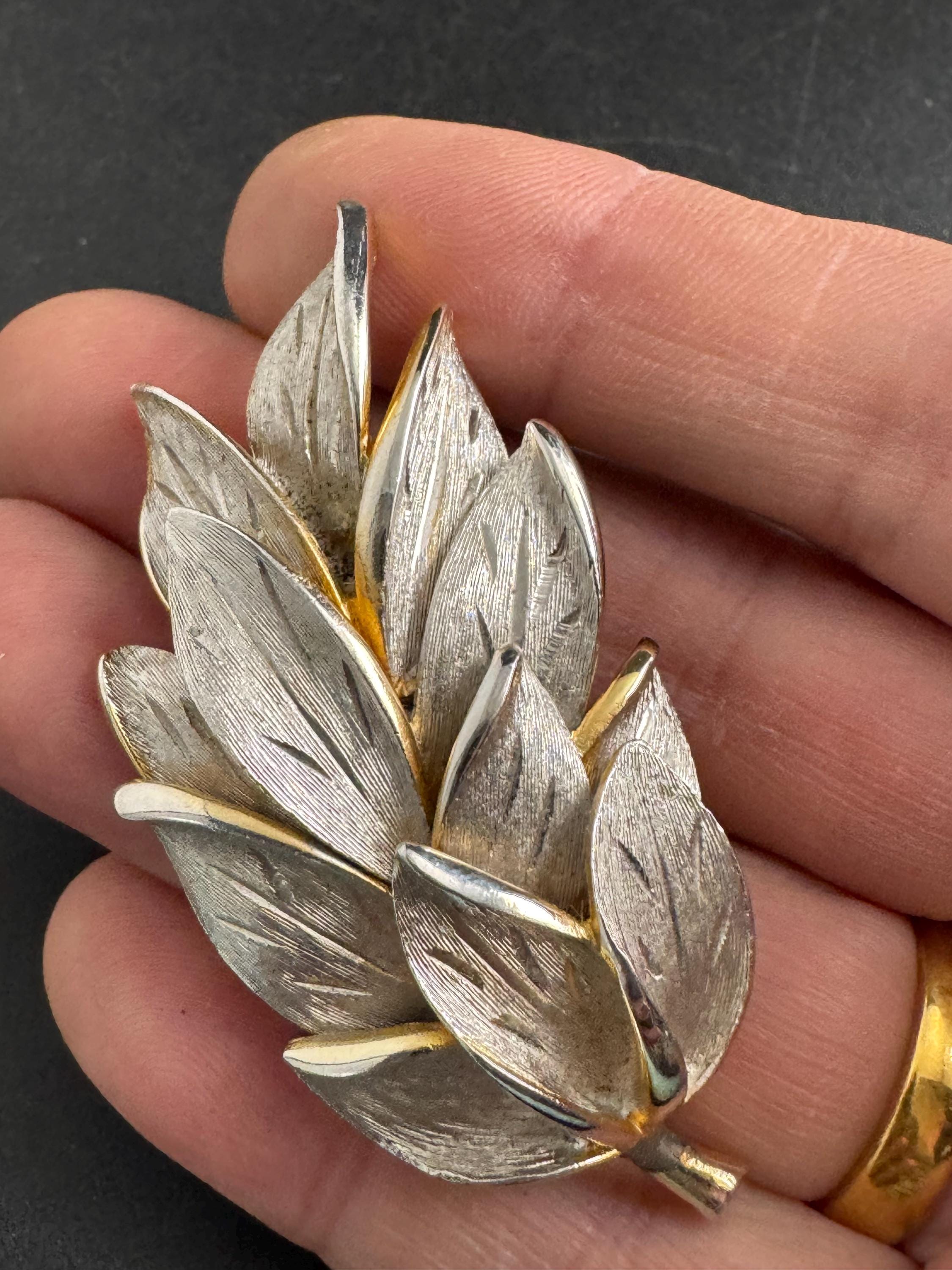 KRAMER textured leaf brooch,  vintage 1950s brushed silver and Gold tone