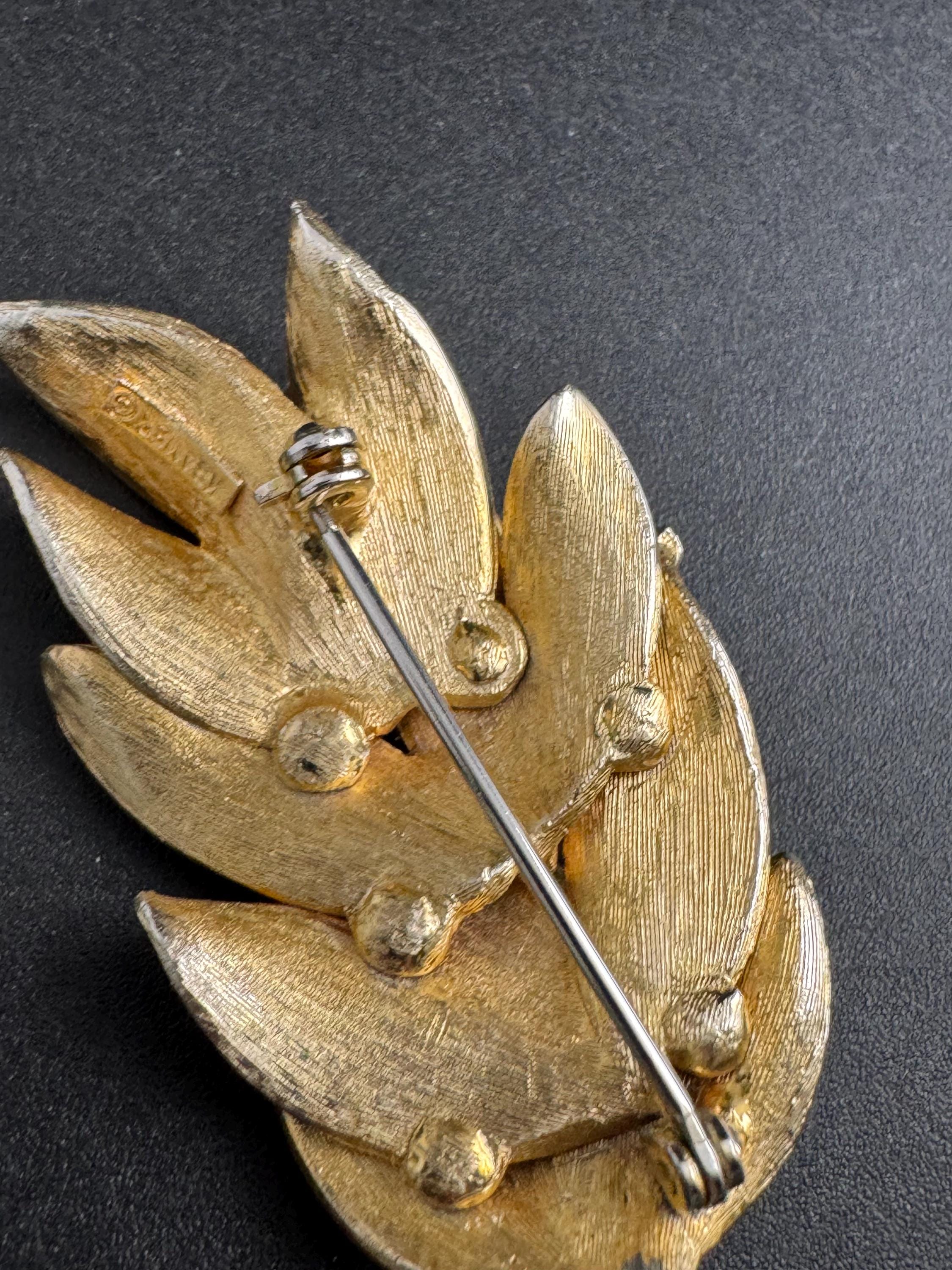 KRAMER textured leaf brooch,  vintage 1950s brushed silver and Gold tone