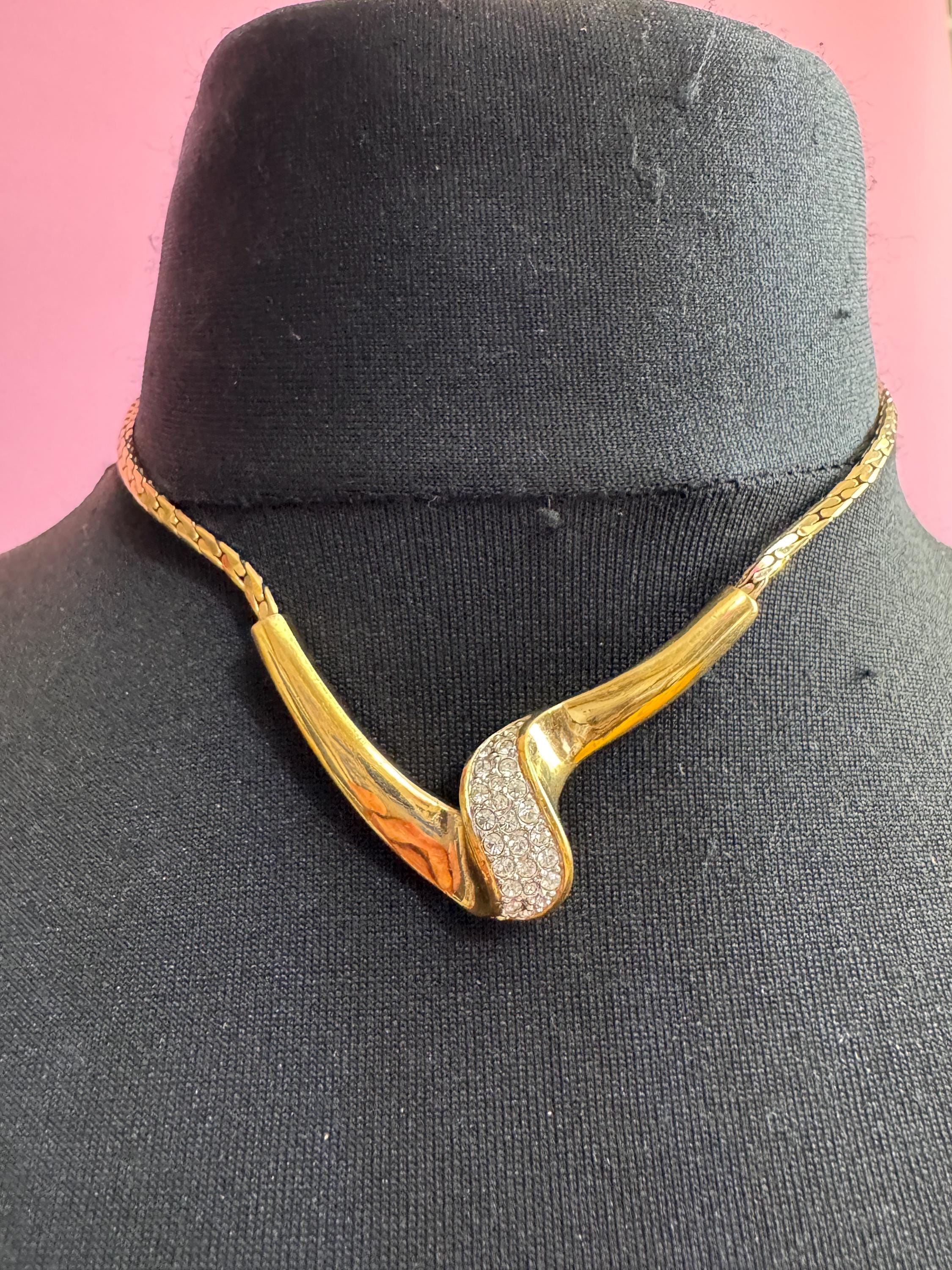 Attwood and Sawyer rhinestone necklace , heavy gold plated signed A&S vintage