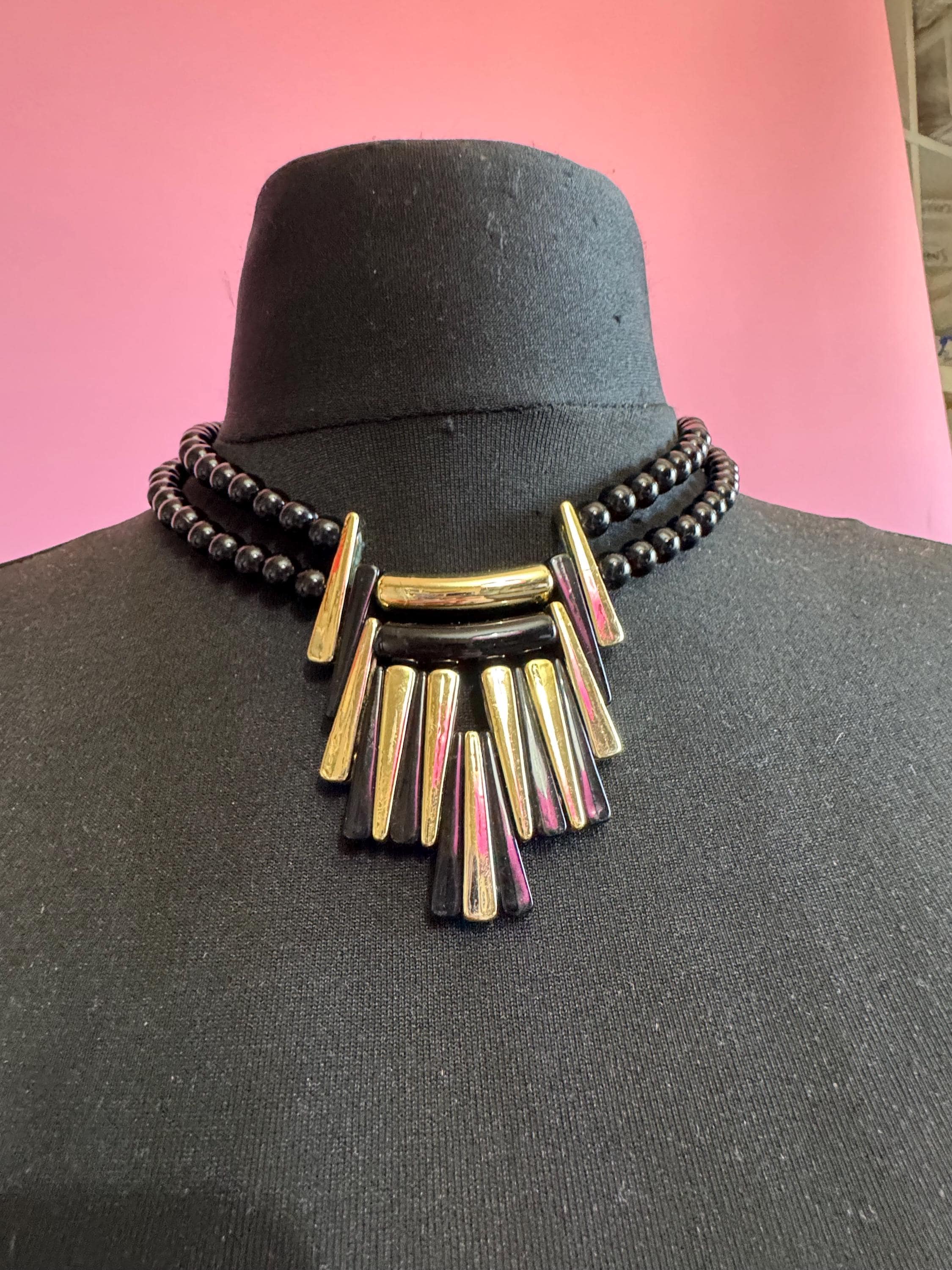 Black and gold beaded statement necklace, acrylic deco style pendant 1970s