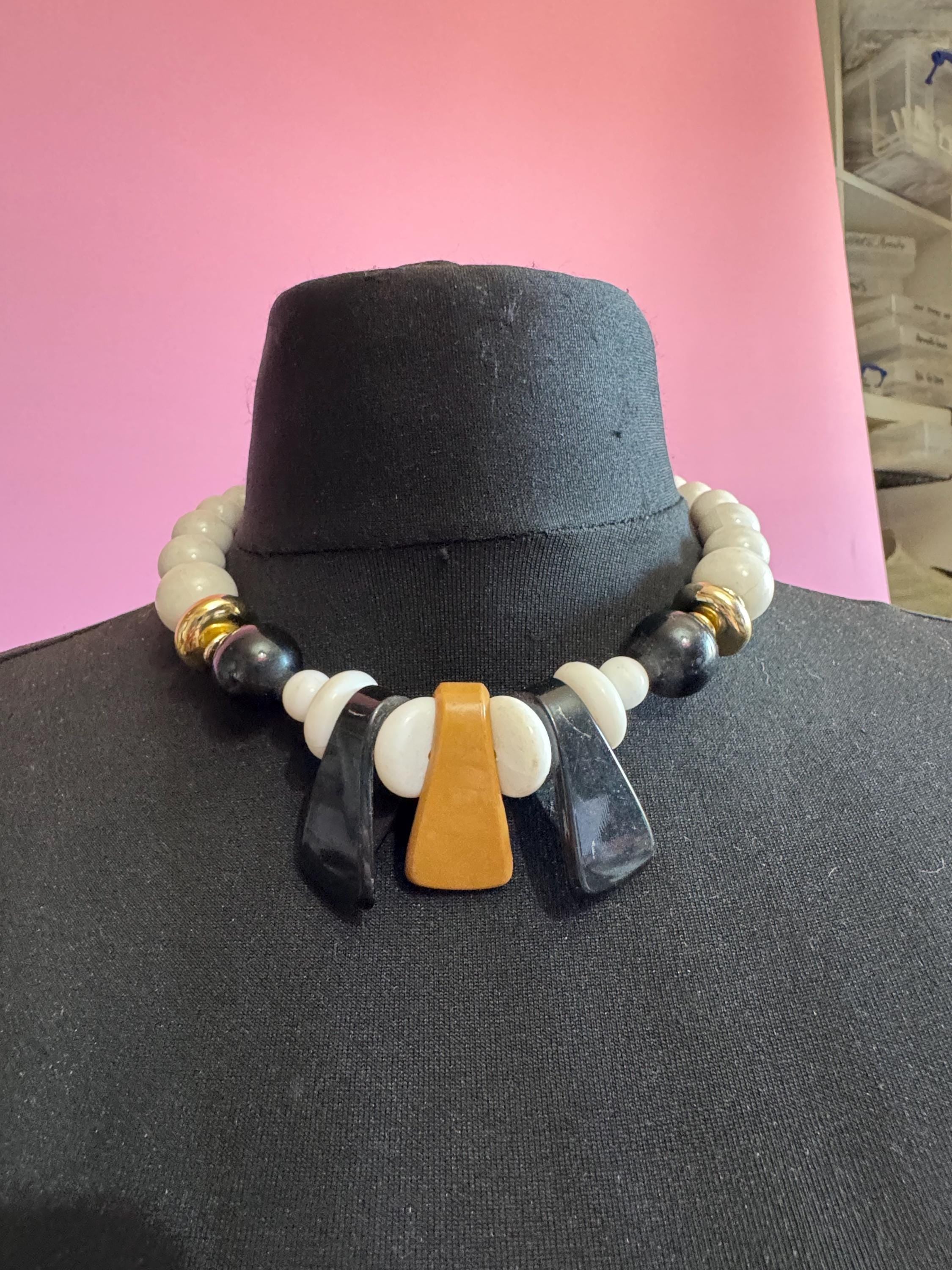 Italian style beaded statement necklace, acrylic white black tan and gold beads