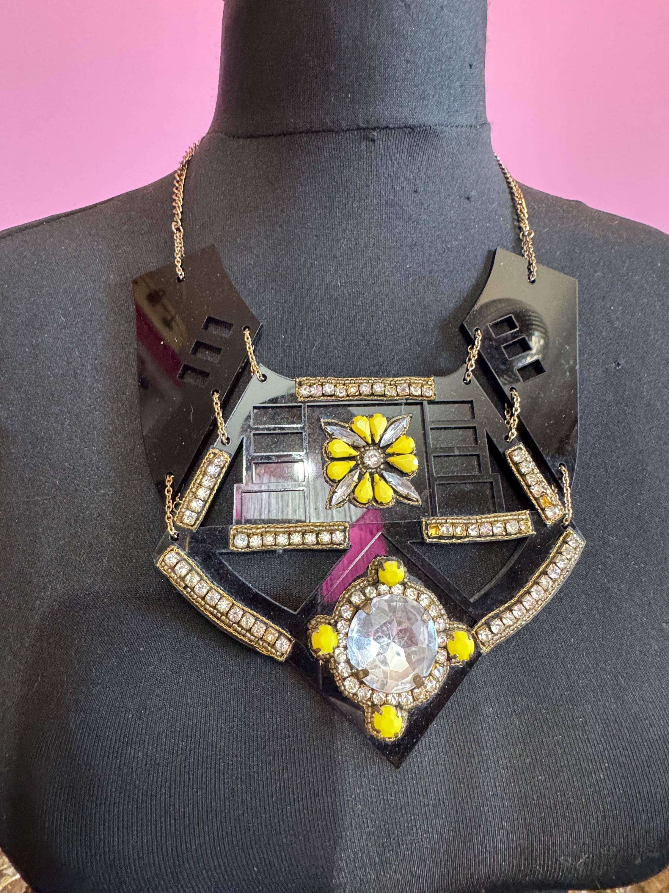 Black and yellow oversized statement necklace, acrylic and rhinestones
