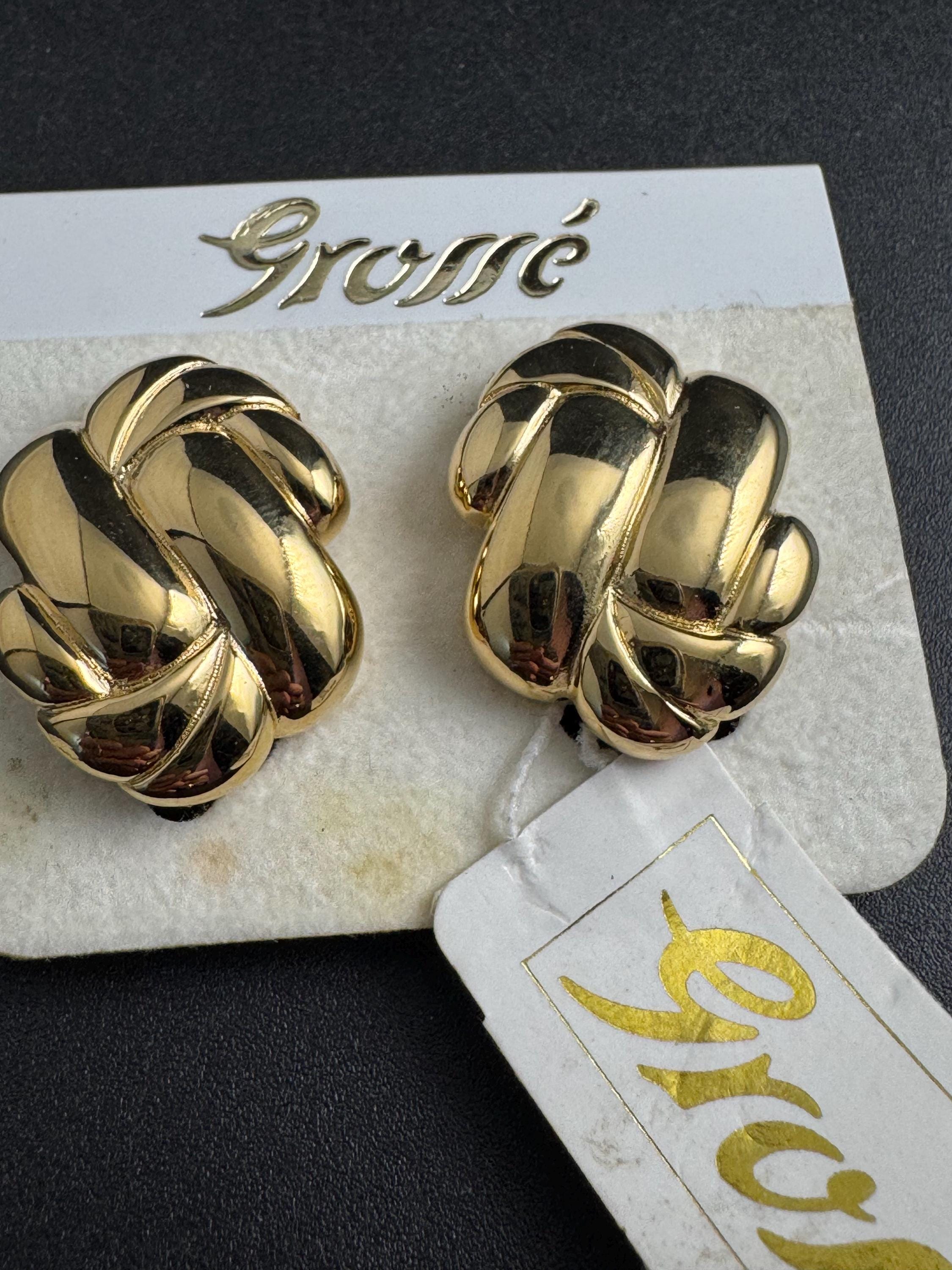 Grosse gold plated clip on earrings, unused vintage stock designer and fully signed