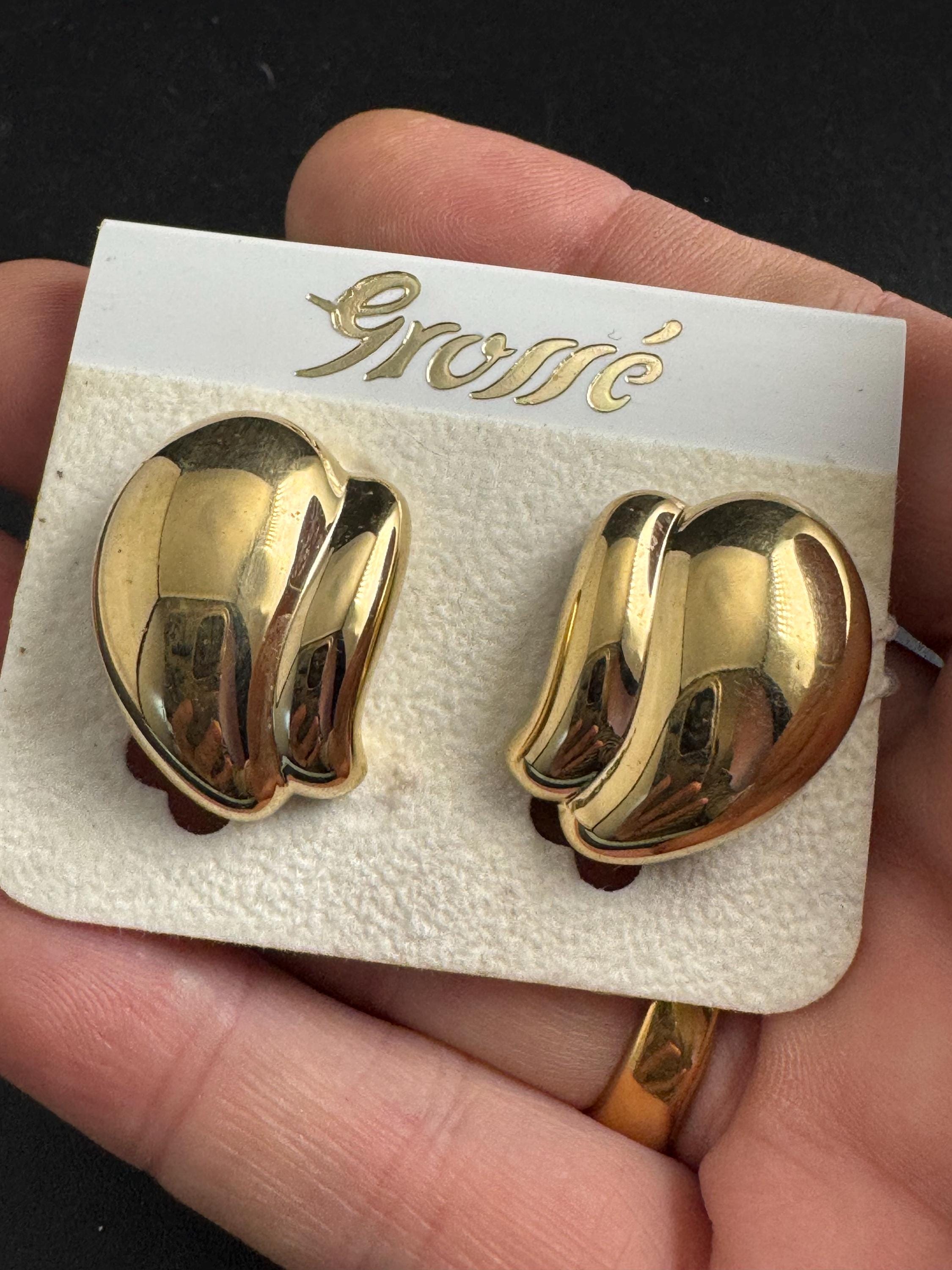 Grosse gold plated clip on earrings, unused vintage stock designer and fully signed