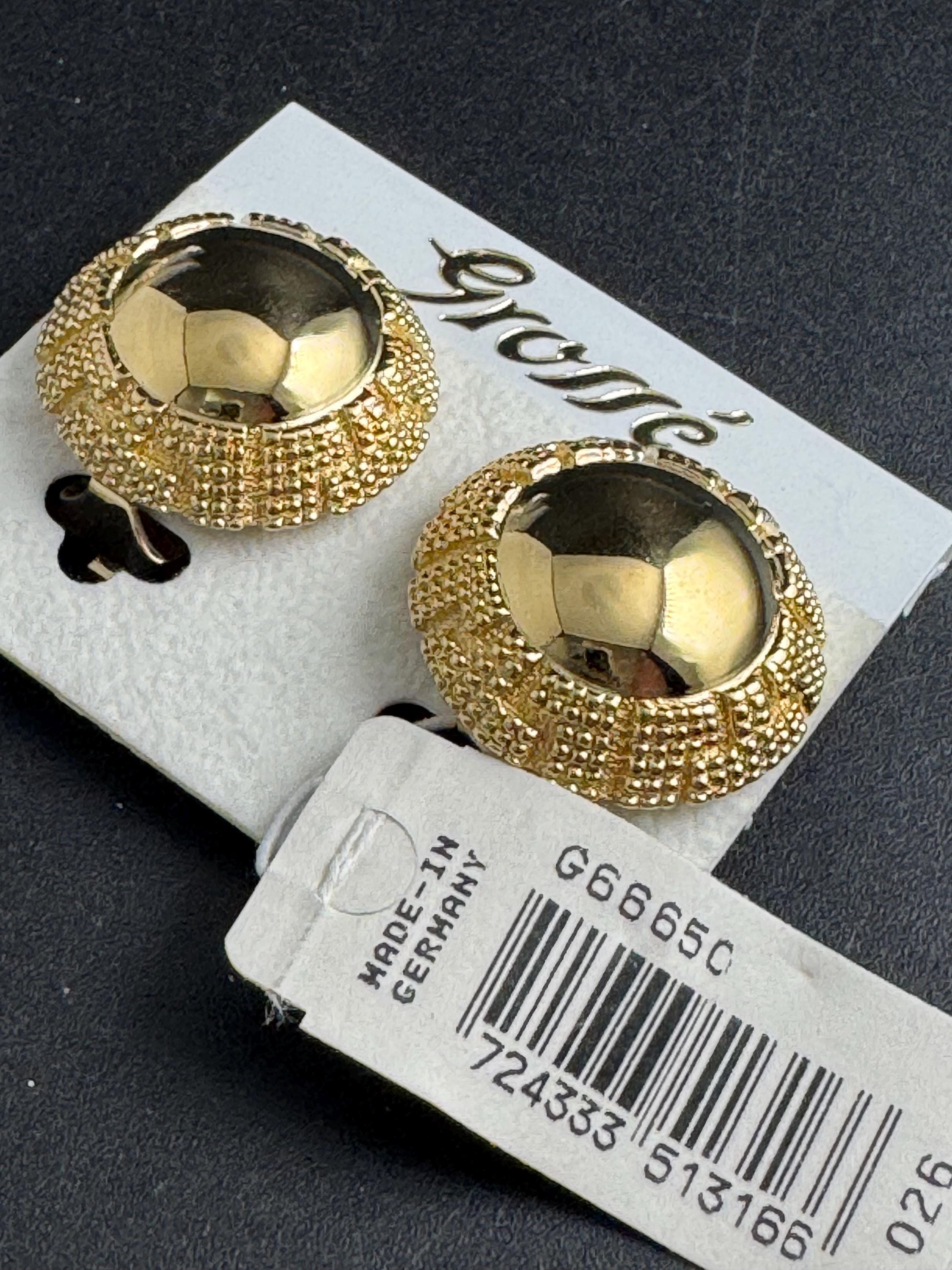 Grosse gold plated clip on earrings, unused vintage stock designer and fully signed