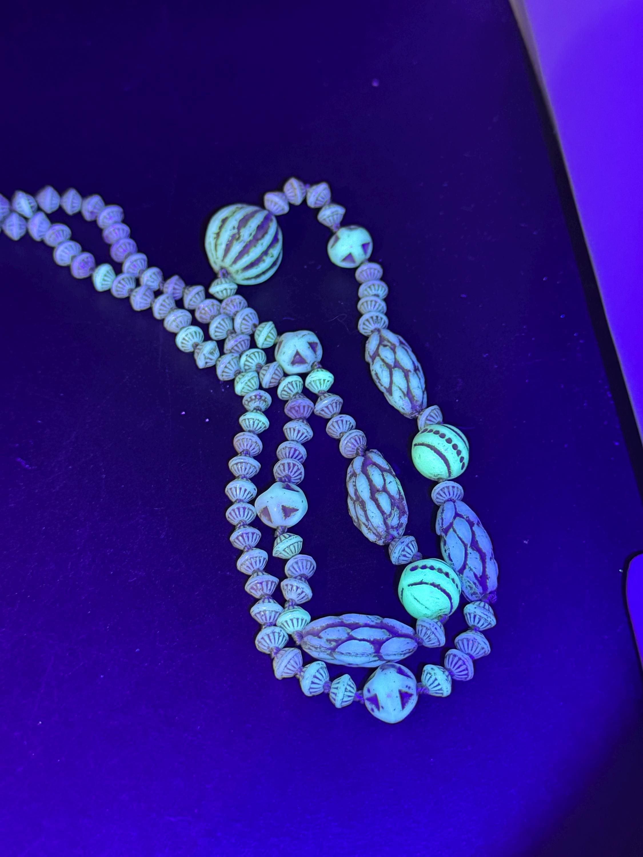 neiger UV beaded necklace, cream and green beads 76 uranium glass