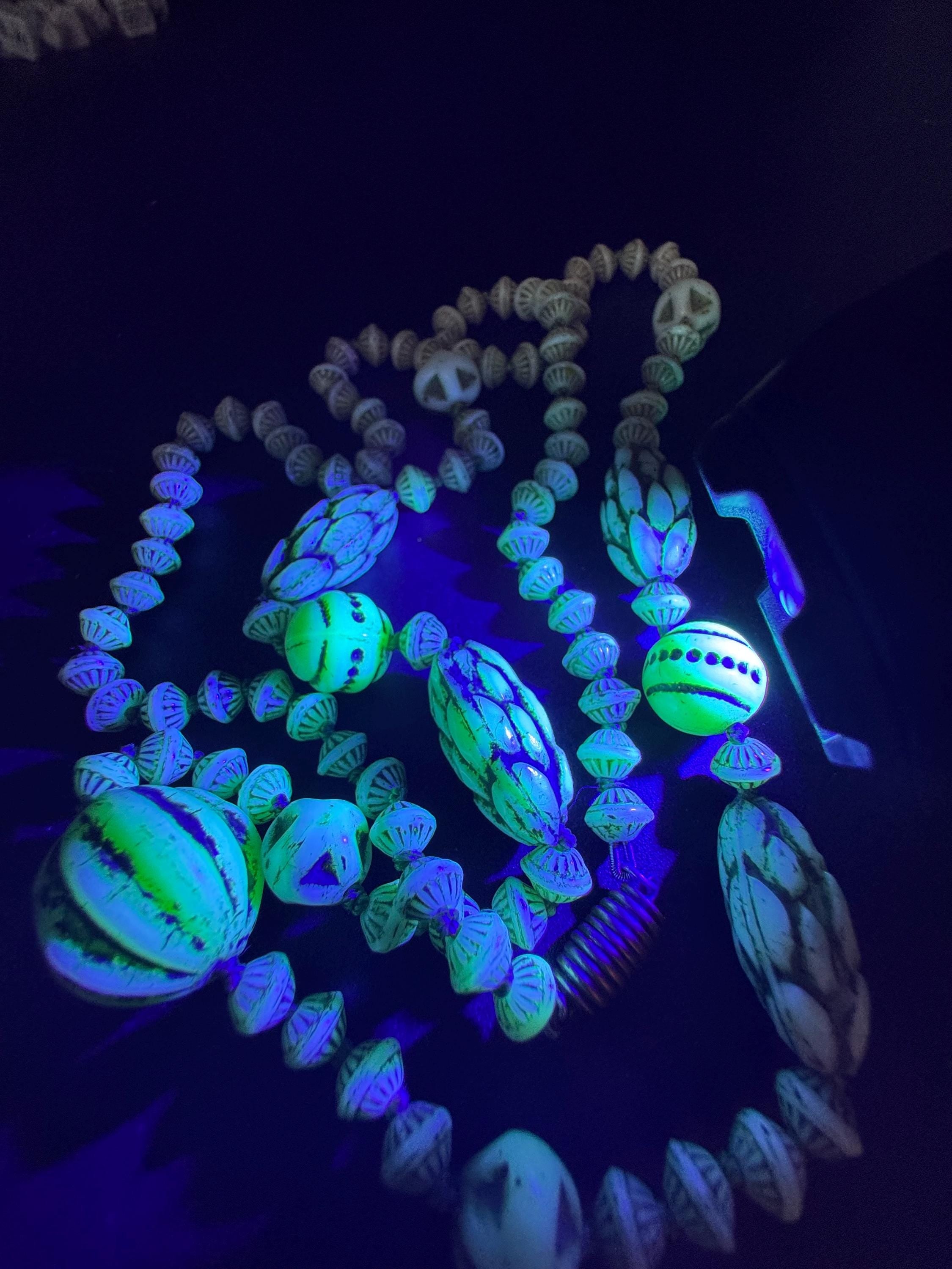 neiger UV beaded necklace, cream and green beads 76 uranium glass
