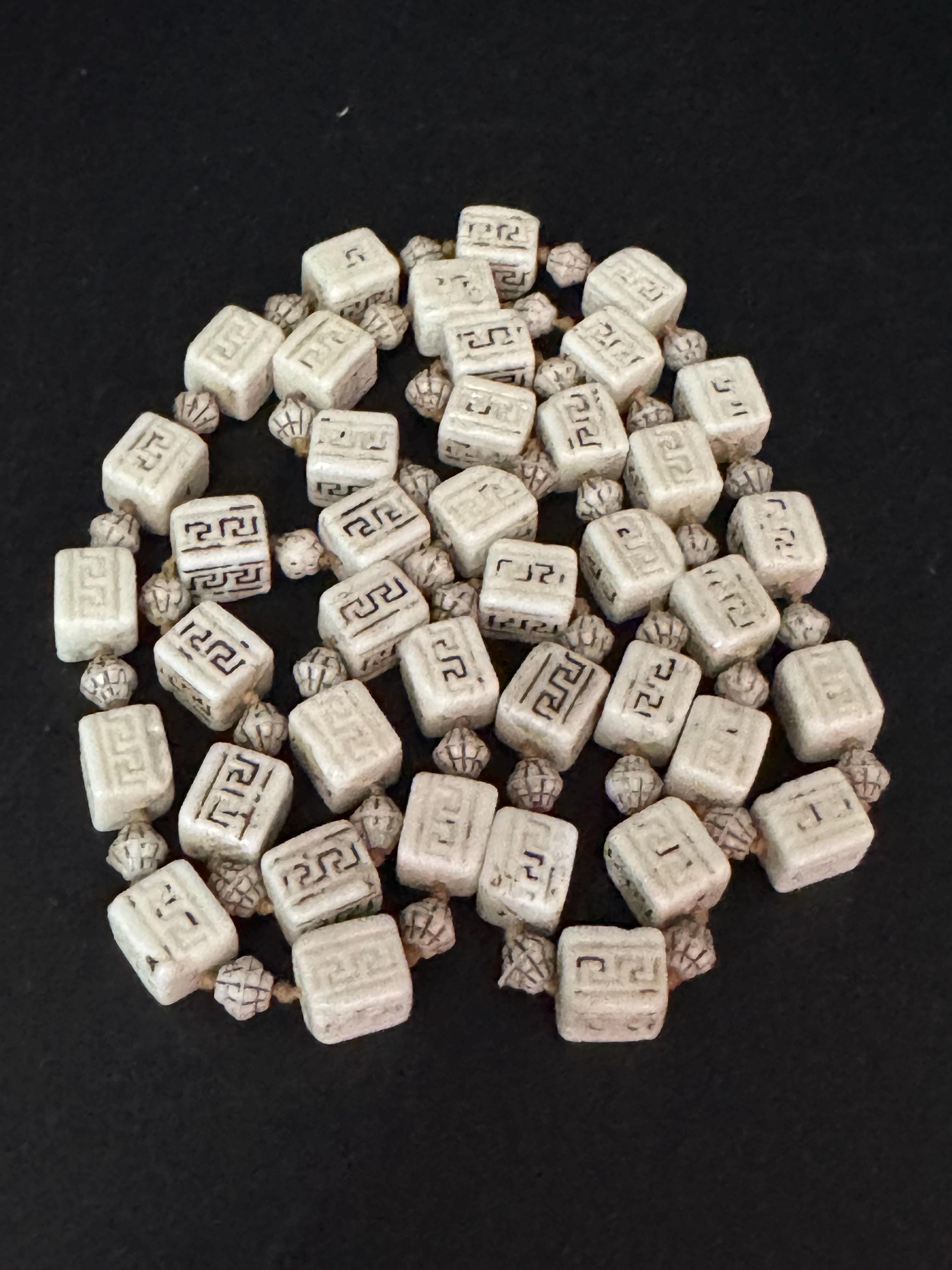 neiger UV square beaded necklace, cream and brown beads 80cm uranium glass