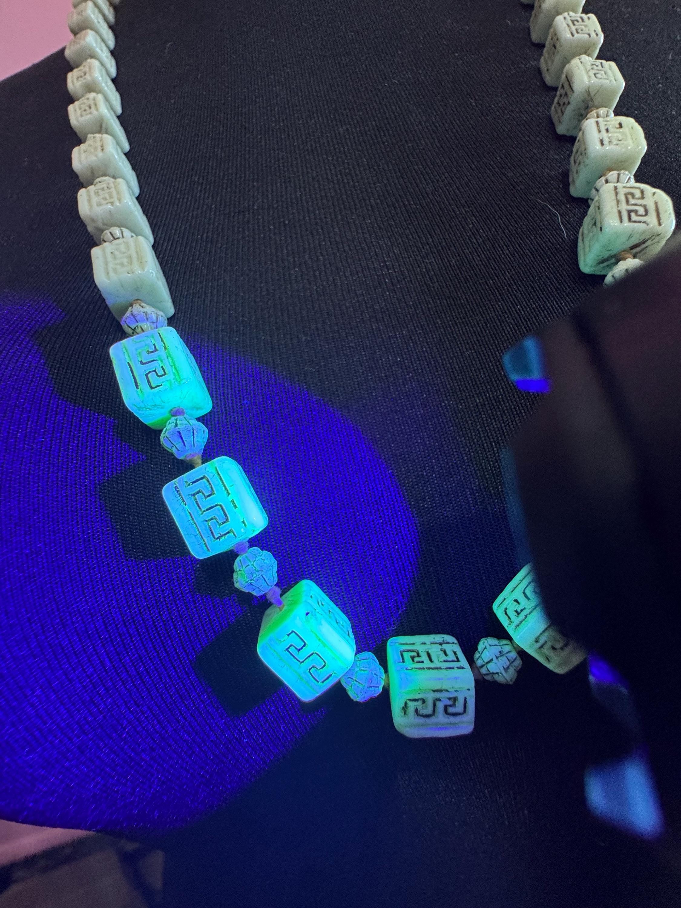 neiger UV square beaded necklace, cream and brown beads 80cm uranium glass