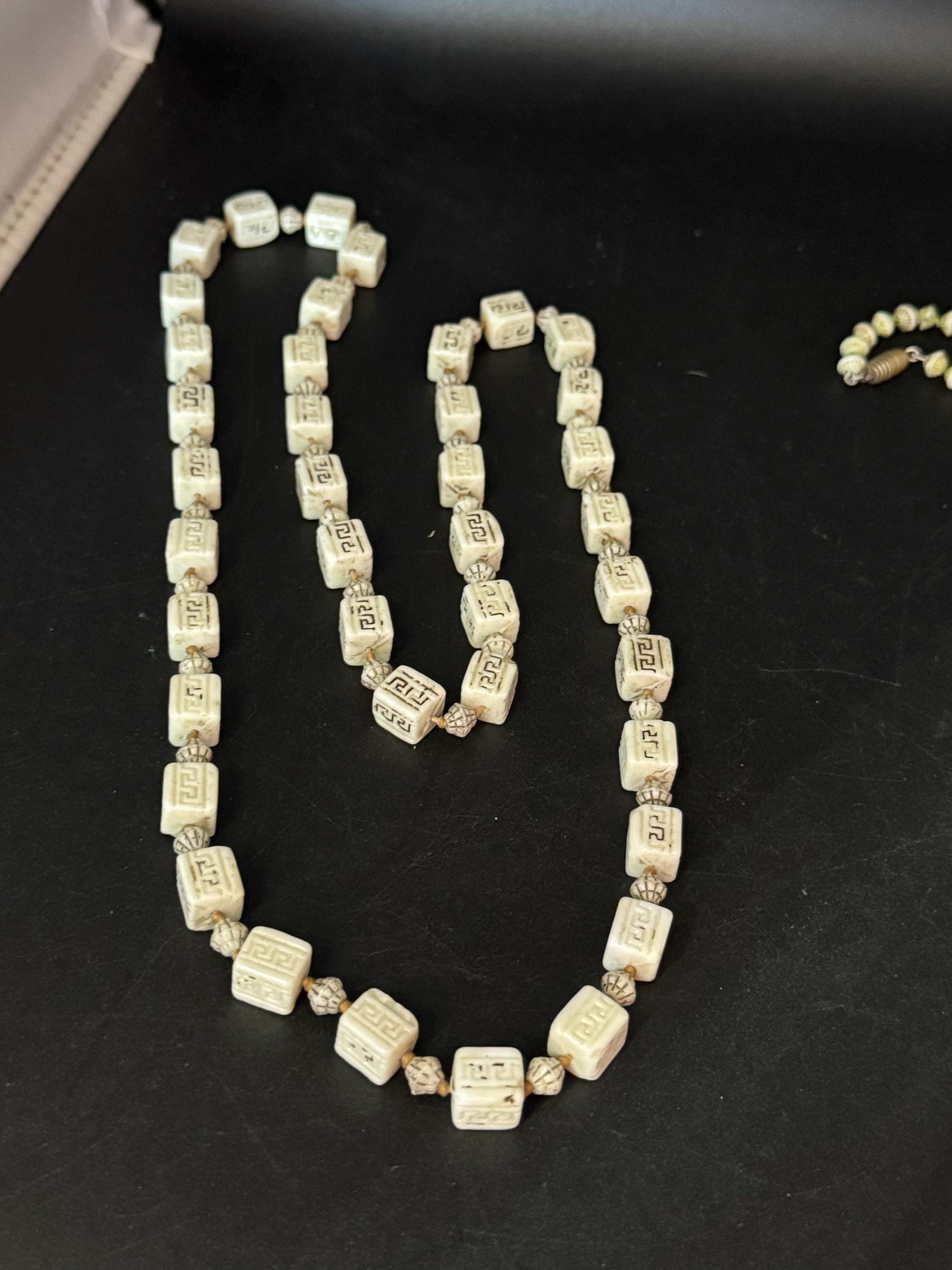 neiger UV square beaded necklace, cream and brown beads 80cm uranium glass
