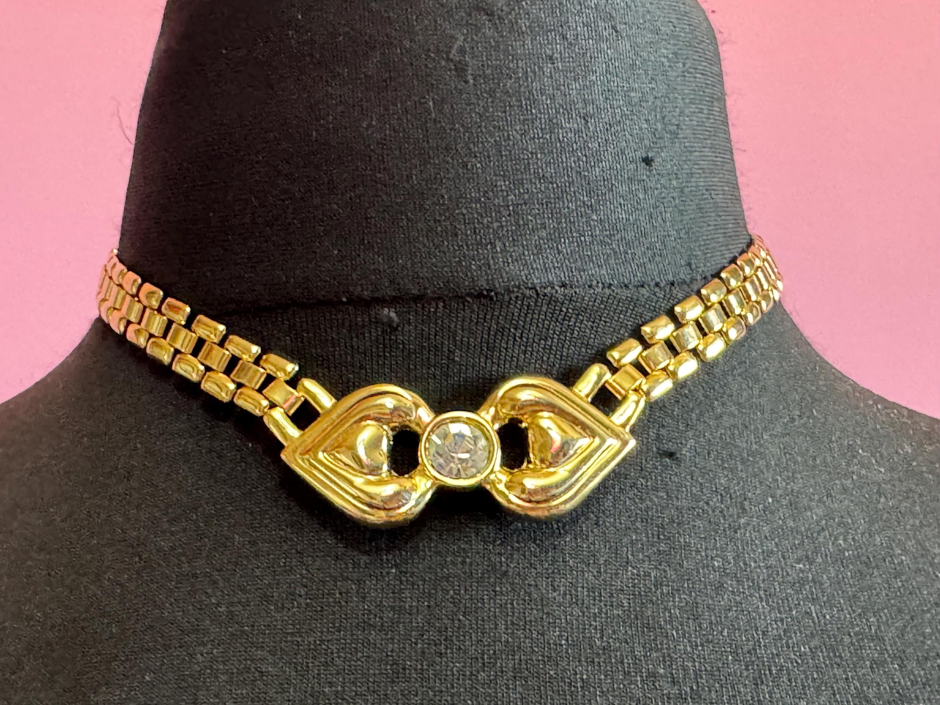 Pierre Cardin rhinestone panther link Choker: 1980s Gold Tone Necklace