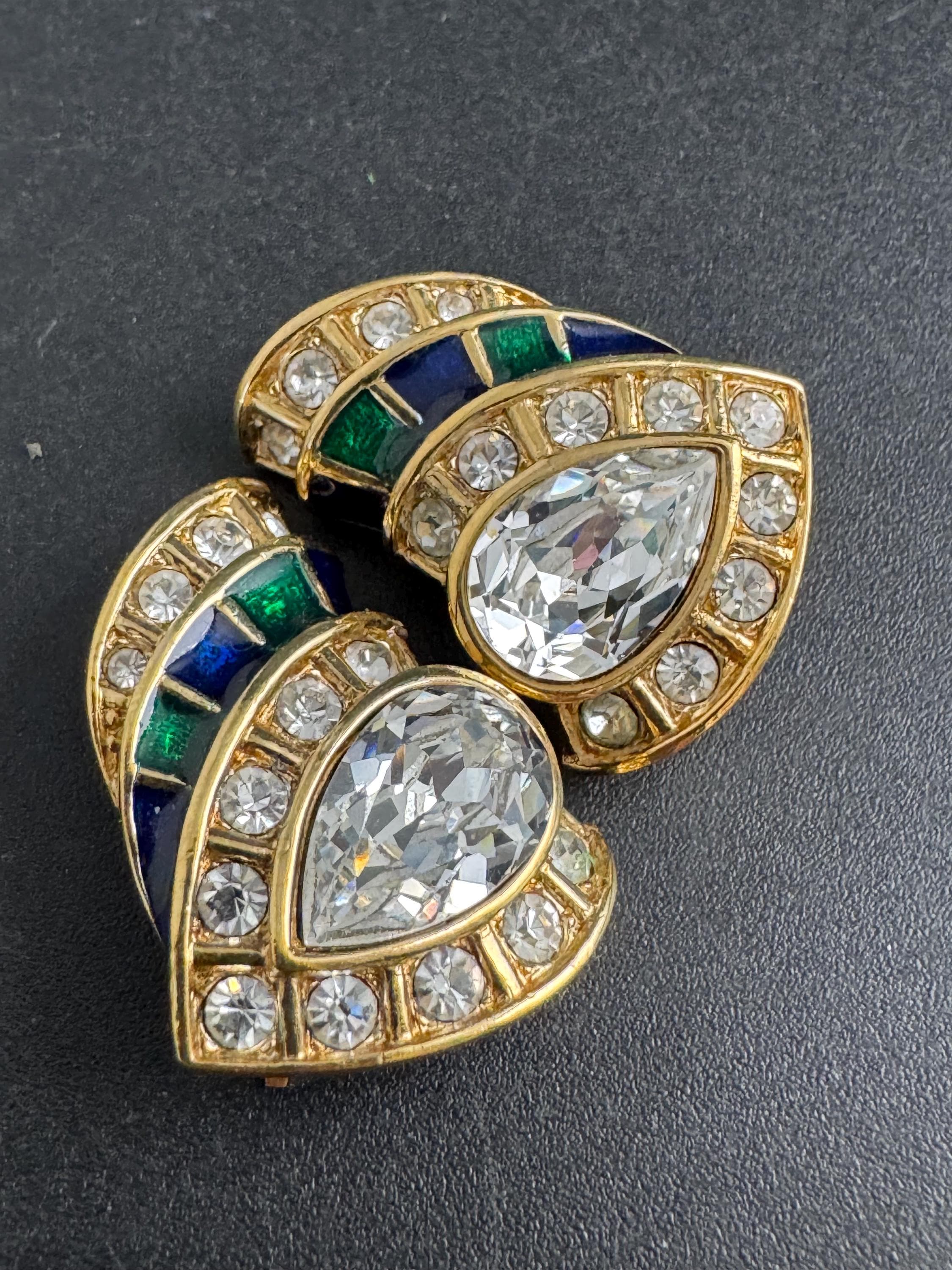 Attwood and Sawyer Diamanté Clip On Earrings, sapphire emerald vintage and signed