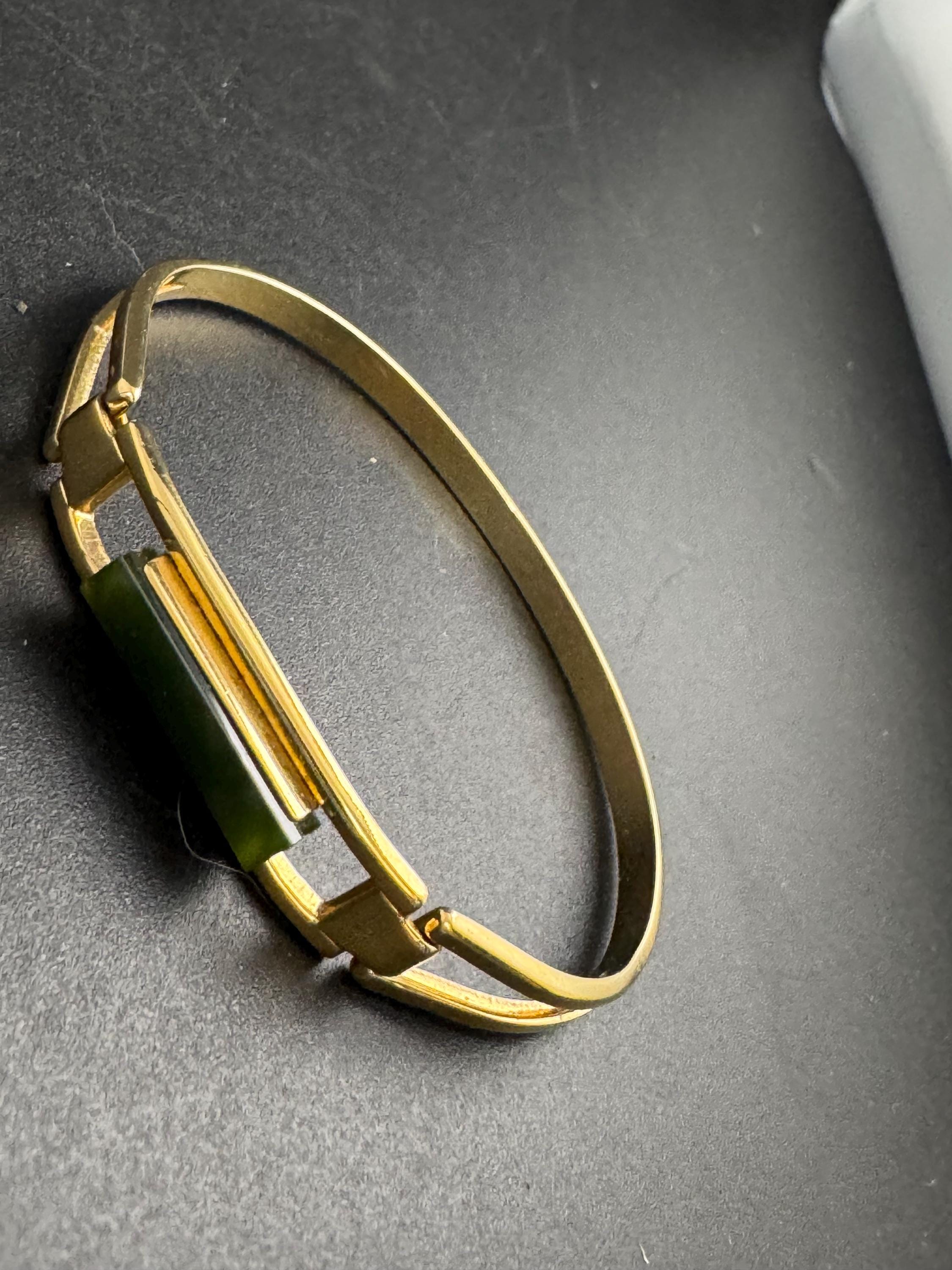 Avon gold green jade glass hinged bangle, Vintage signed