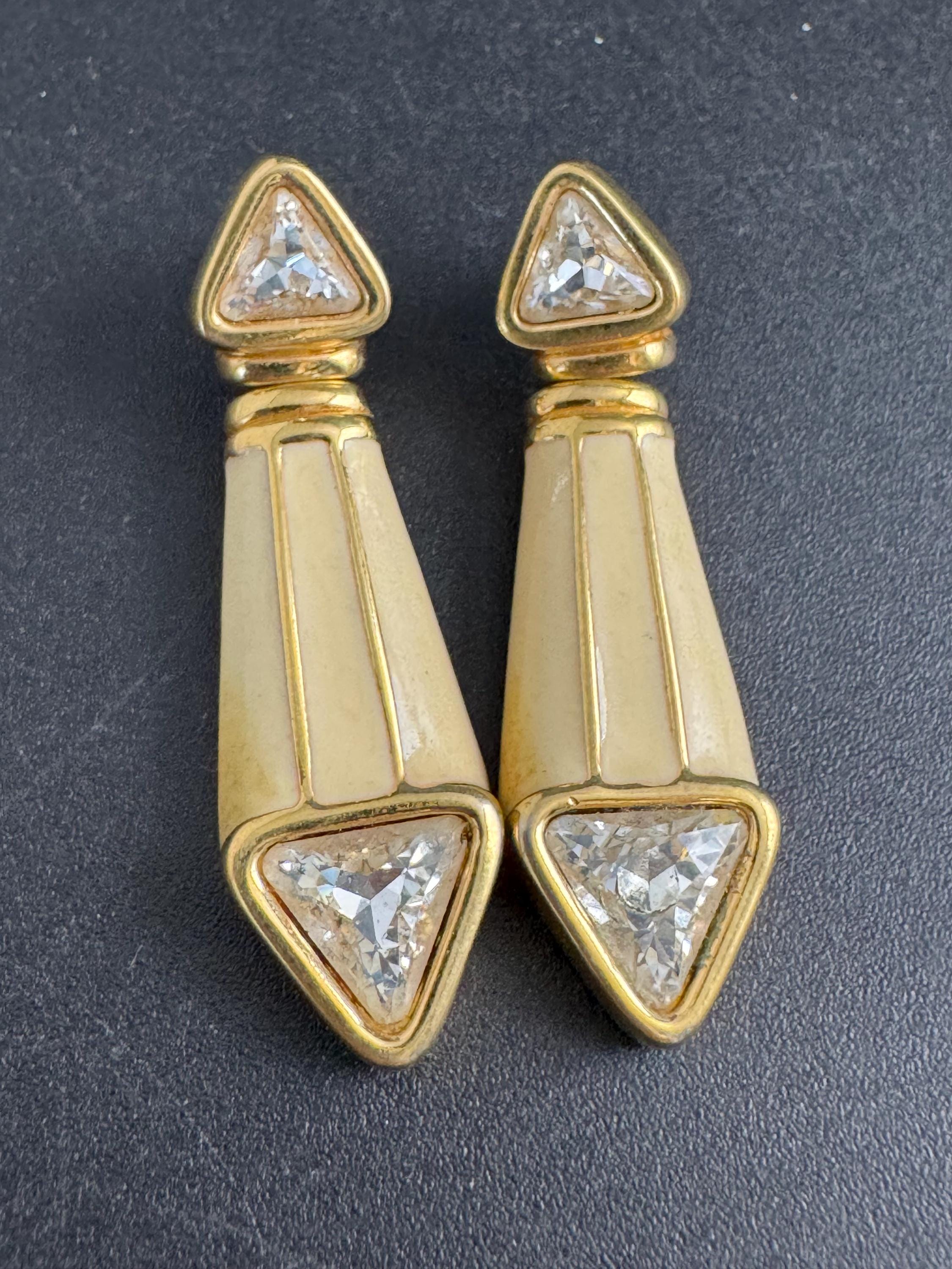 Swarovski SAL cream enamel earrings, Signed gold plated drops with crystals