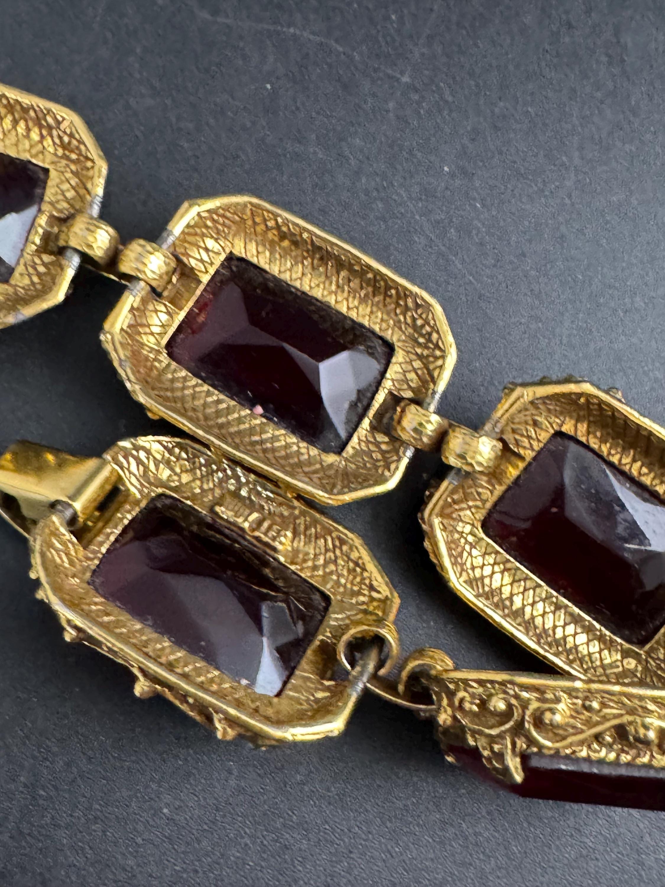 Judy Lee ruby glass bracelet,  vintage antique gold tone panel link mid century
