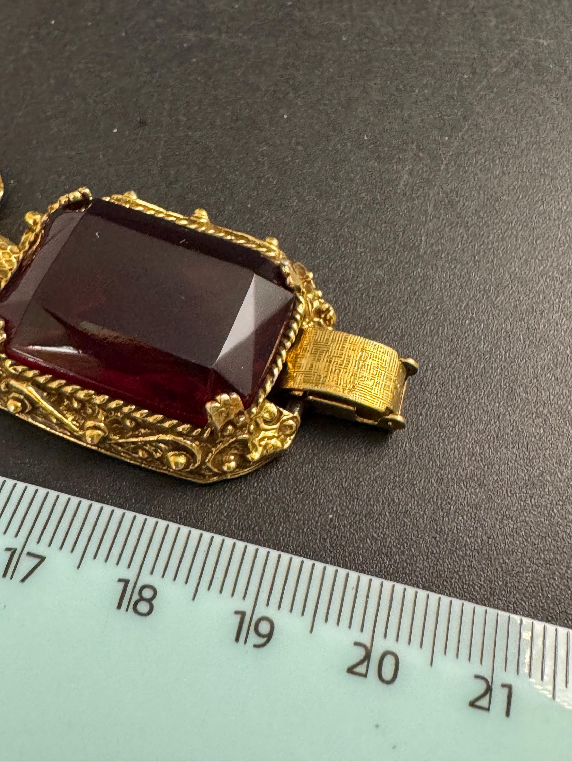 Judy Lee ruby glass bracelet,  vintage antique gold tone panel link mid century