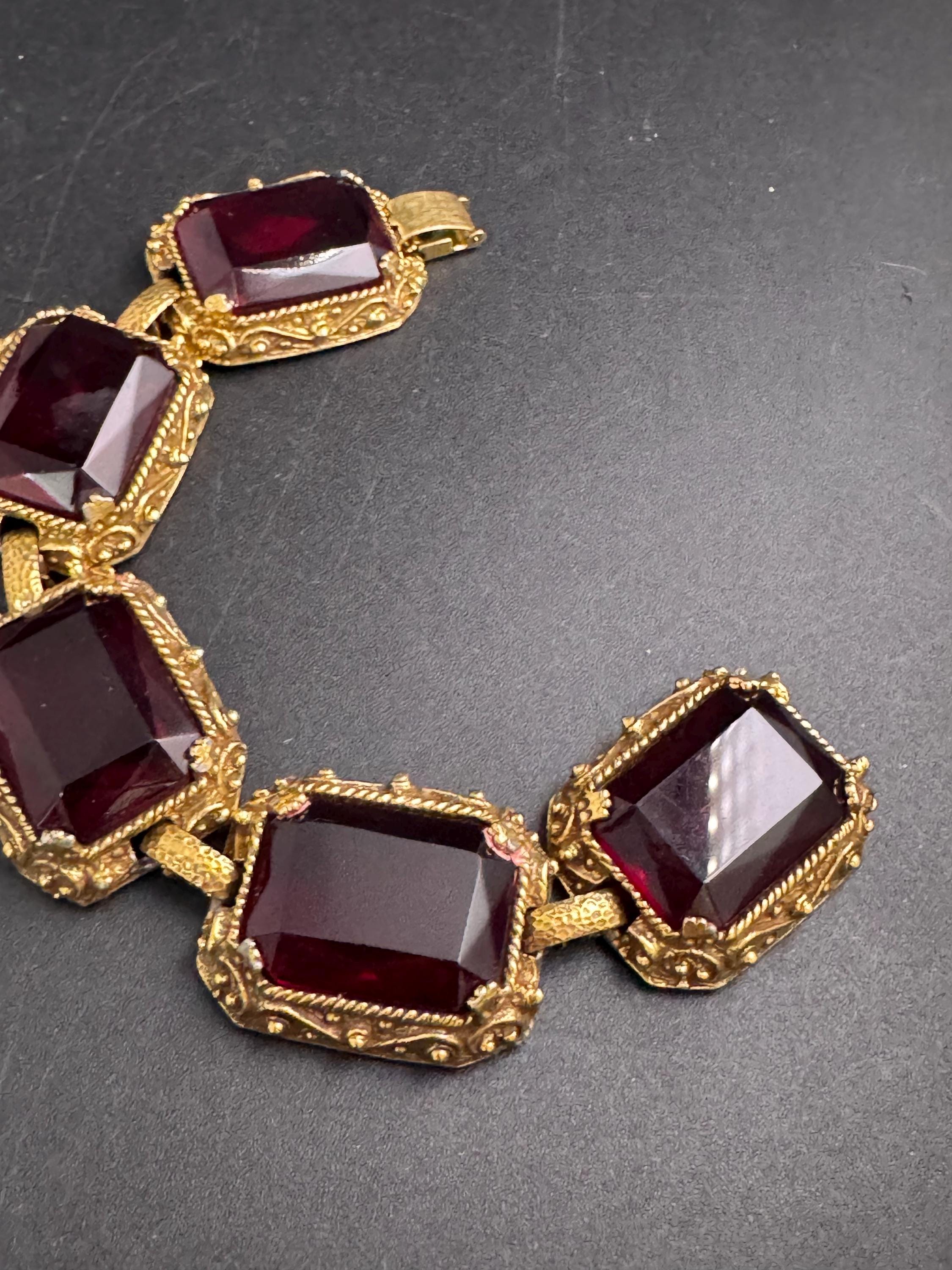 Judy Lee ruby glass bracelet,  vintage antique gold tone panel link mid century