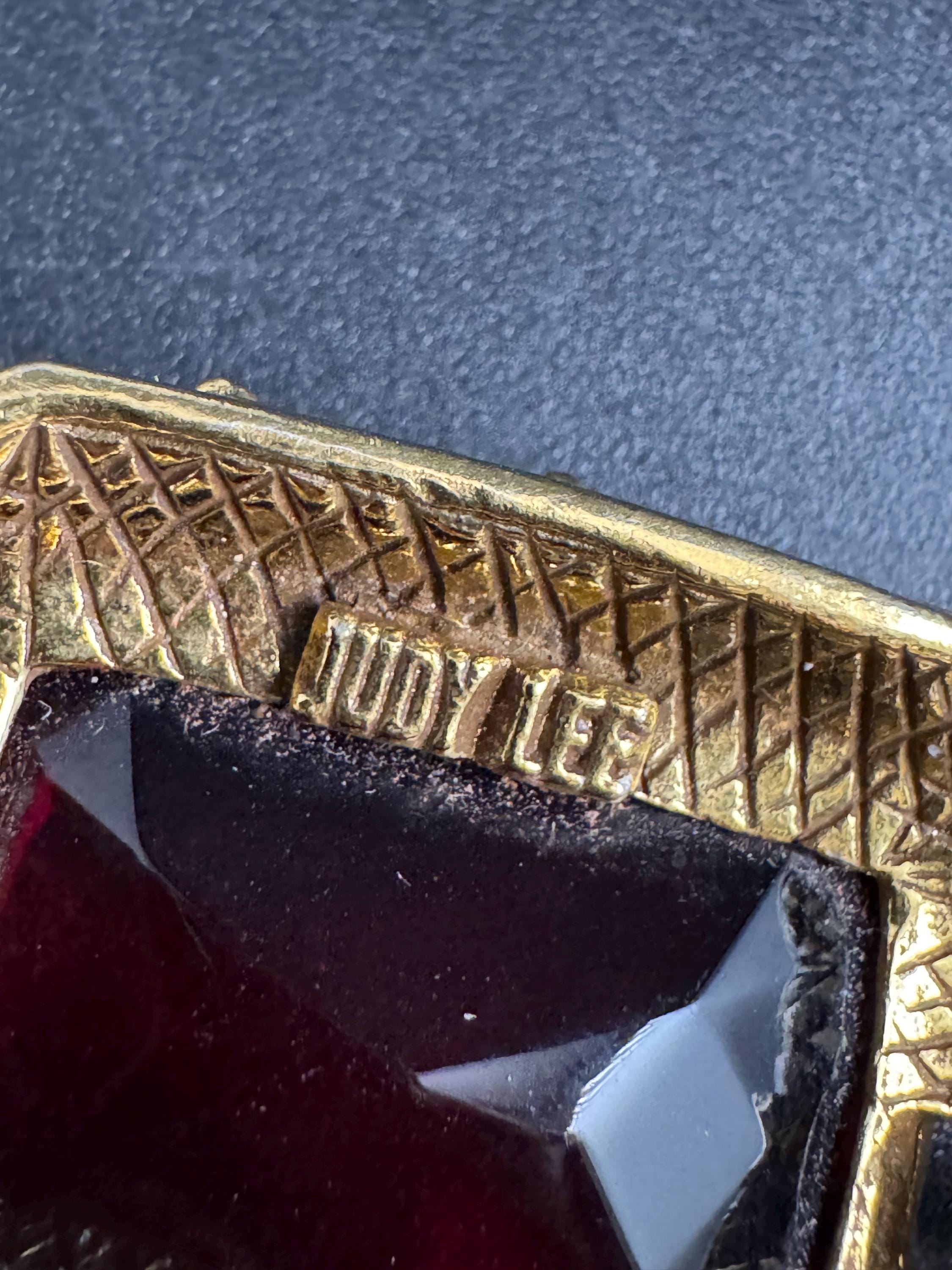 Judy Lee ruby glass bracelet,  vintage antique gold tone panel link mid century