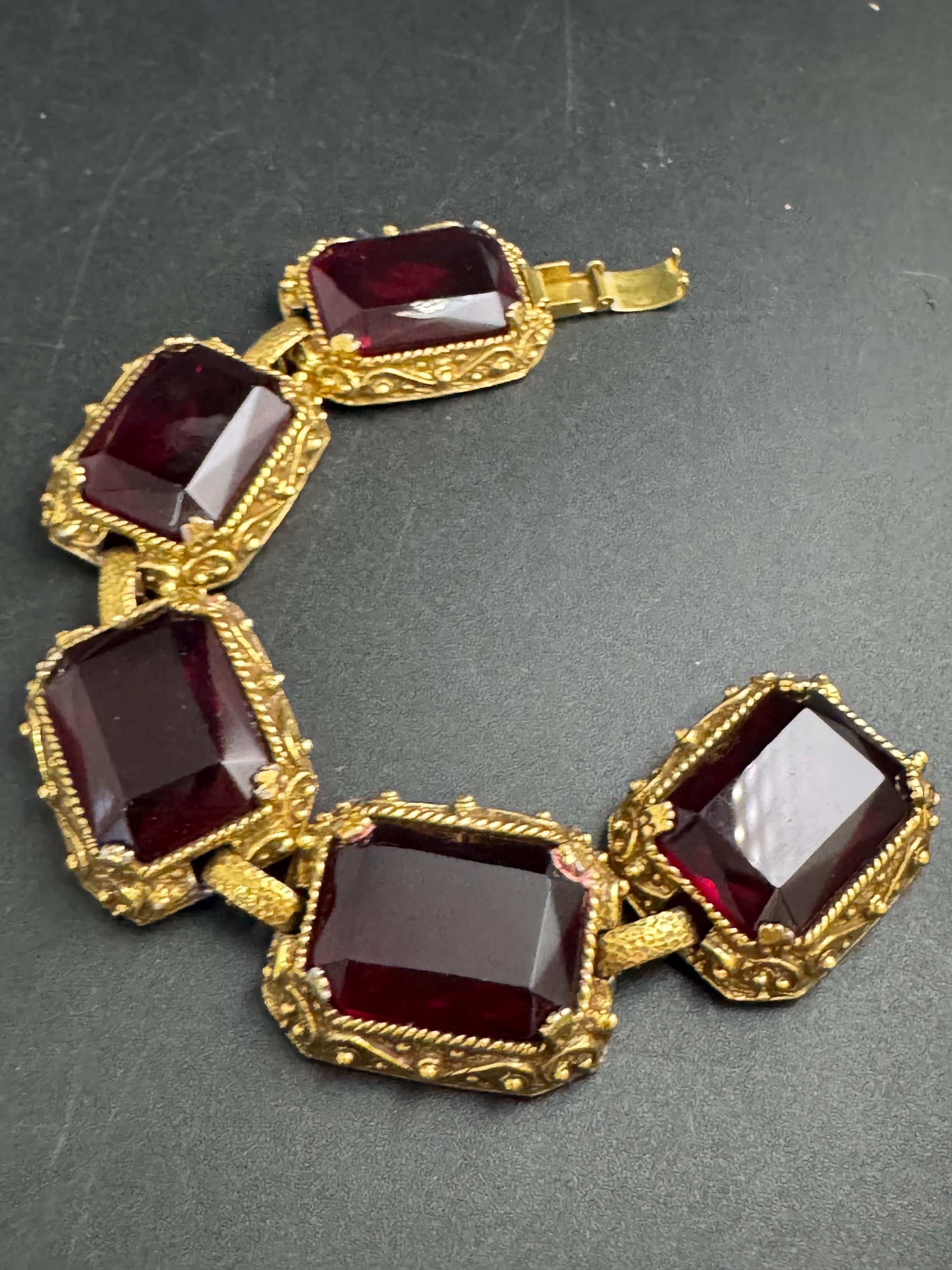 Judy Lee ruby glass bracelet,  vintage antique gold tone panel link mid century