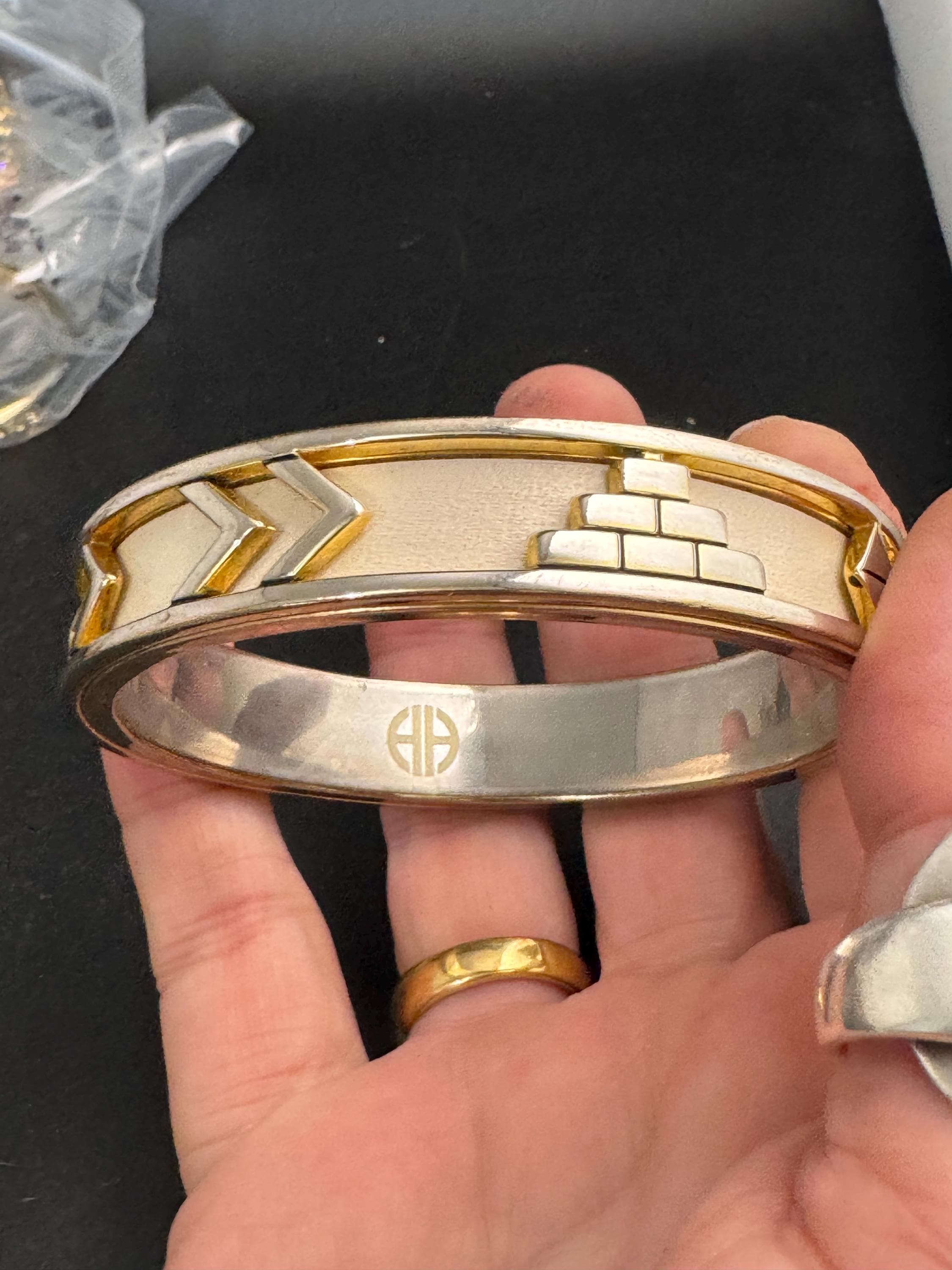House of Harlow cream inca bangle, enamelled 1960s silver tone and gold plated