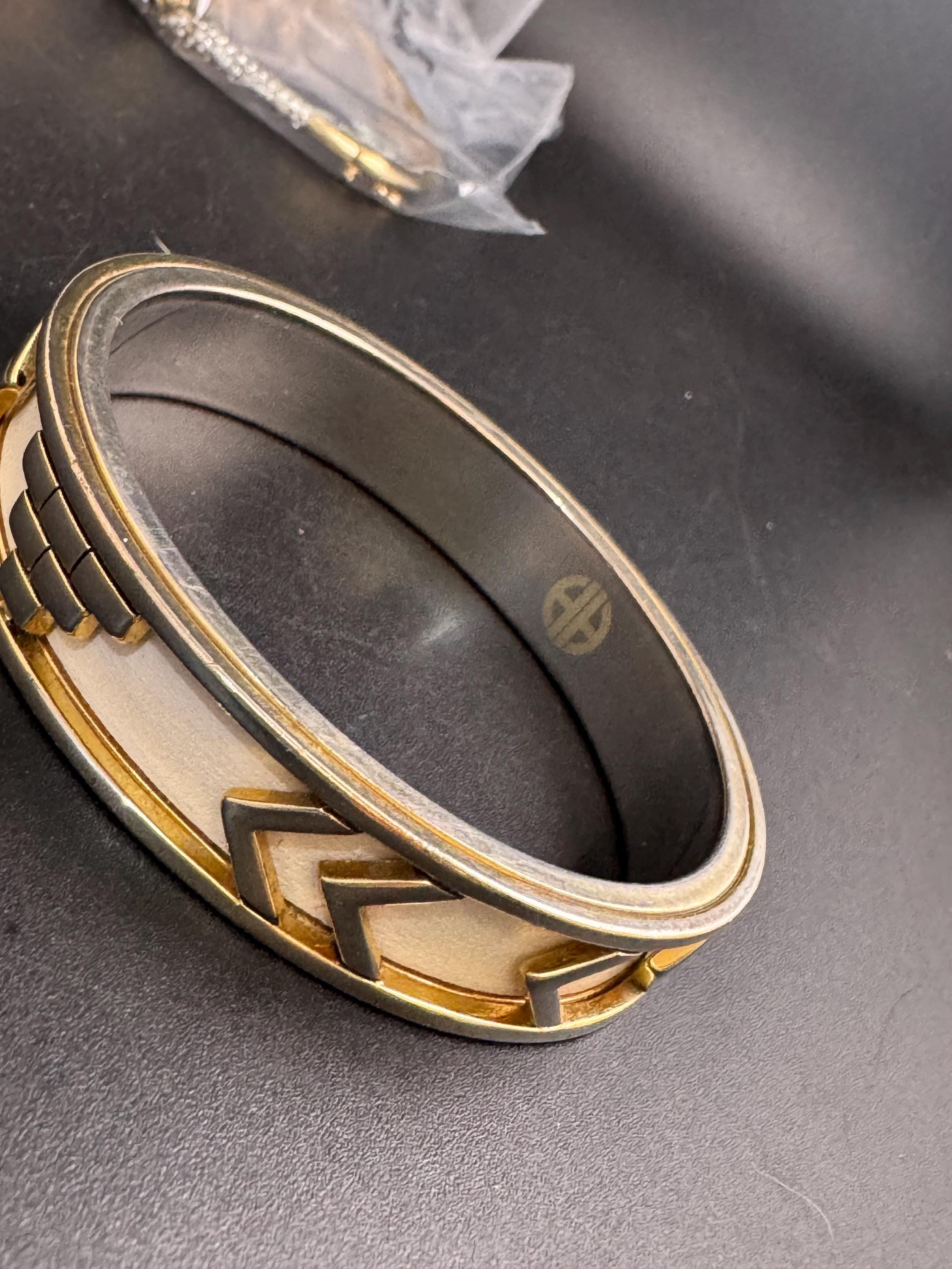 House of Harlow cream inca bangle, enamelled 1960s silver tone and gold plated