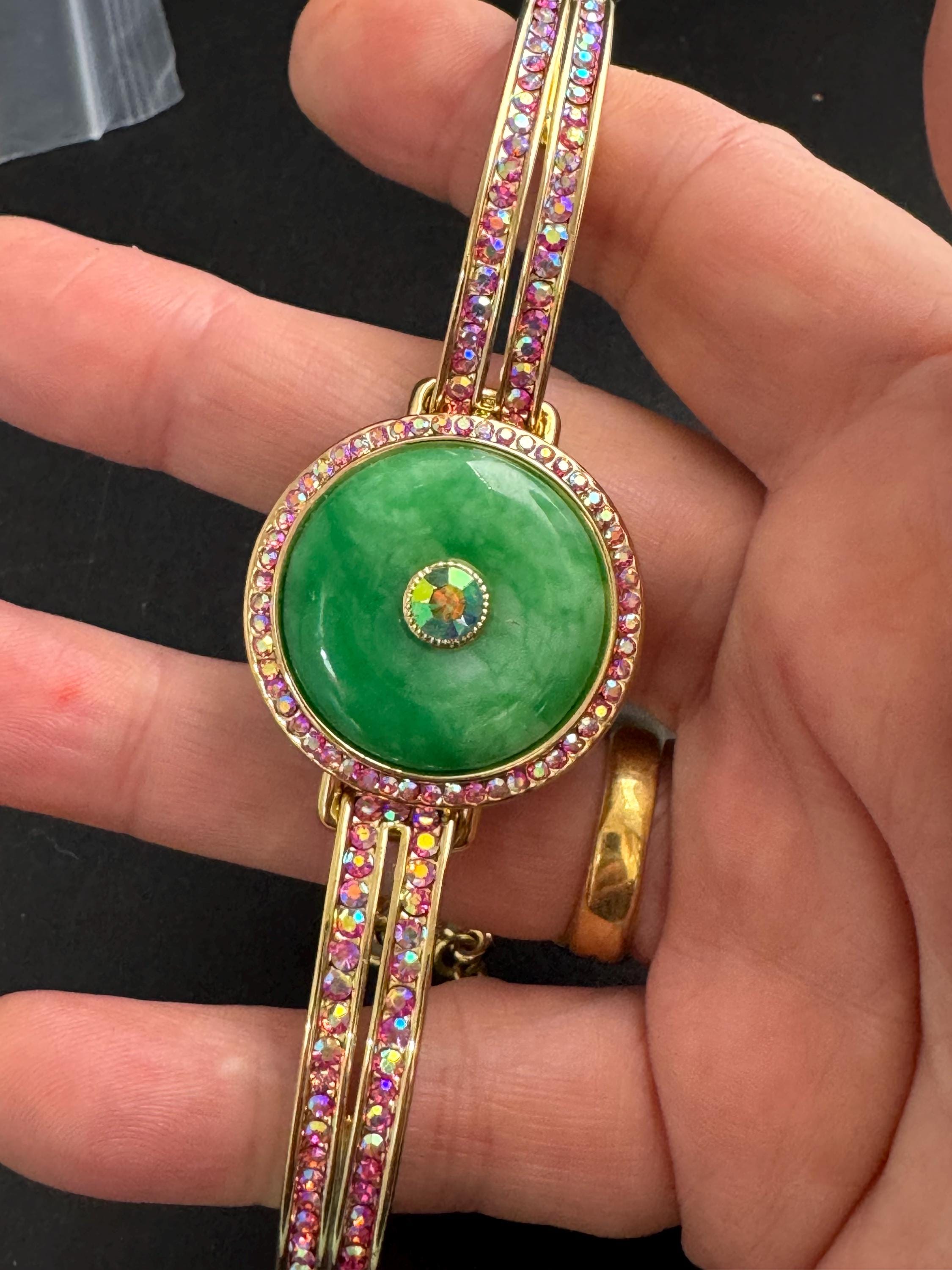 Butler & Wilson pink rhinestone bracelet, ab rhinestone crystals with green peking glass central cabochon