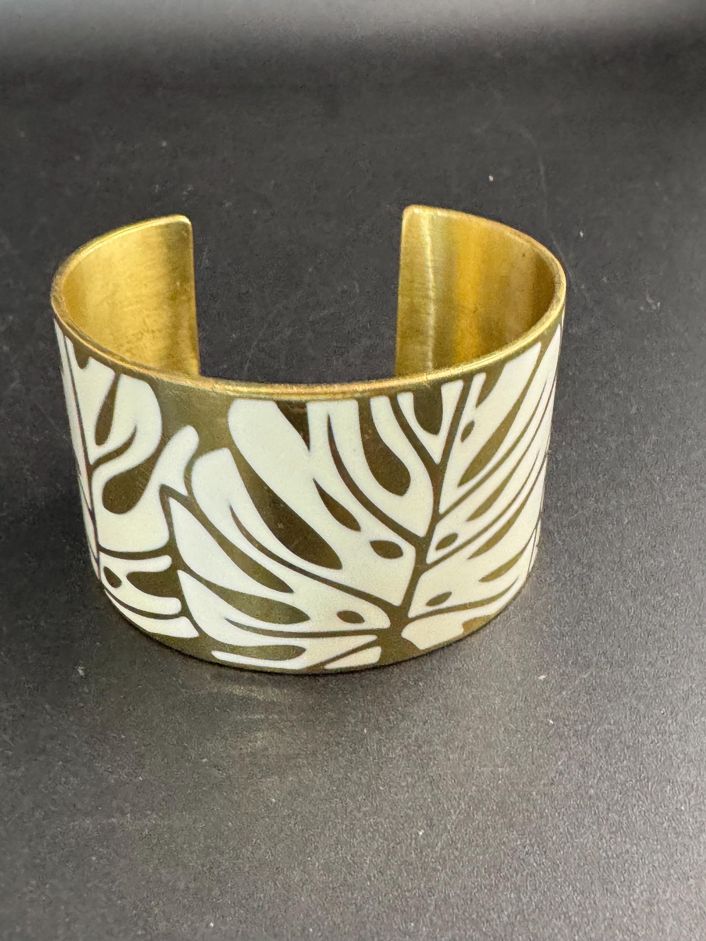 AGATHA cream enamel wide cuff bangle, palm tree leaf Paris designer signed A