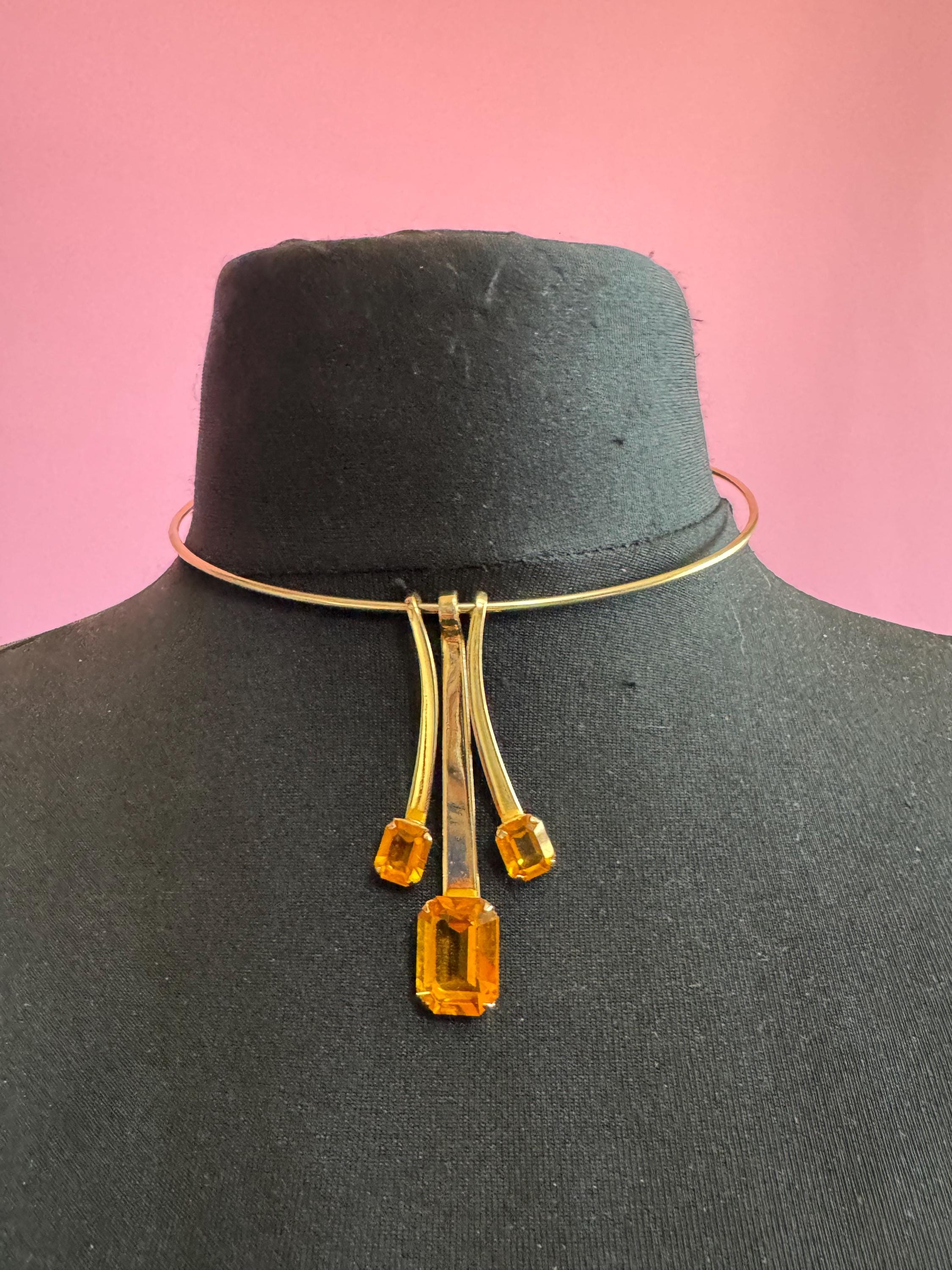 Citrine rhinestone gold torque choker, vintage necklace octagon stones