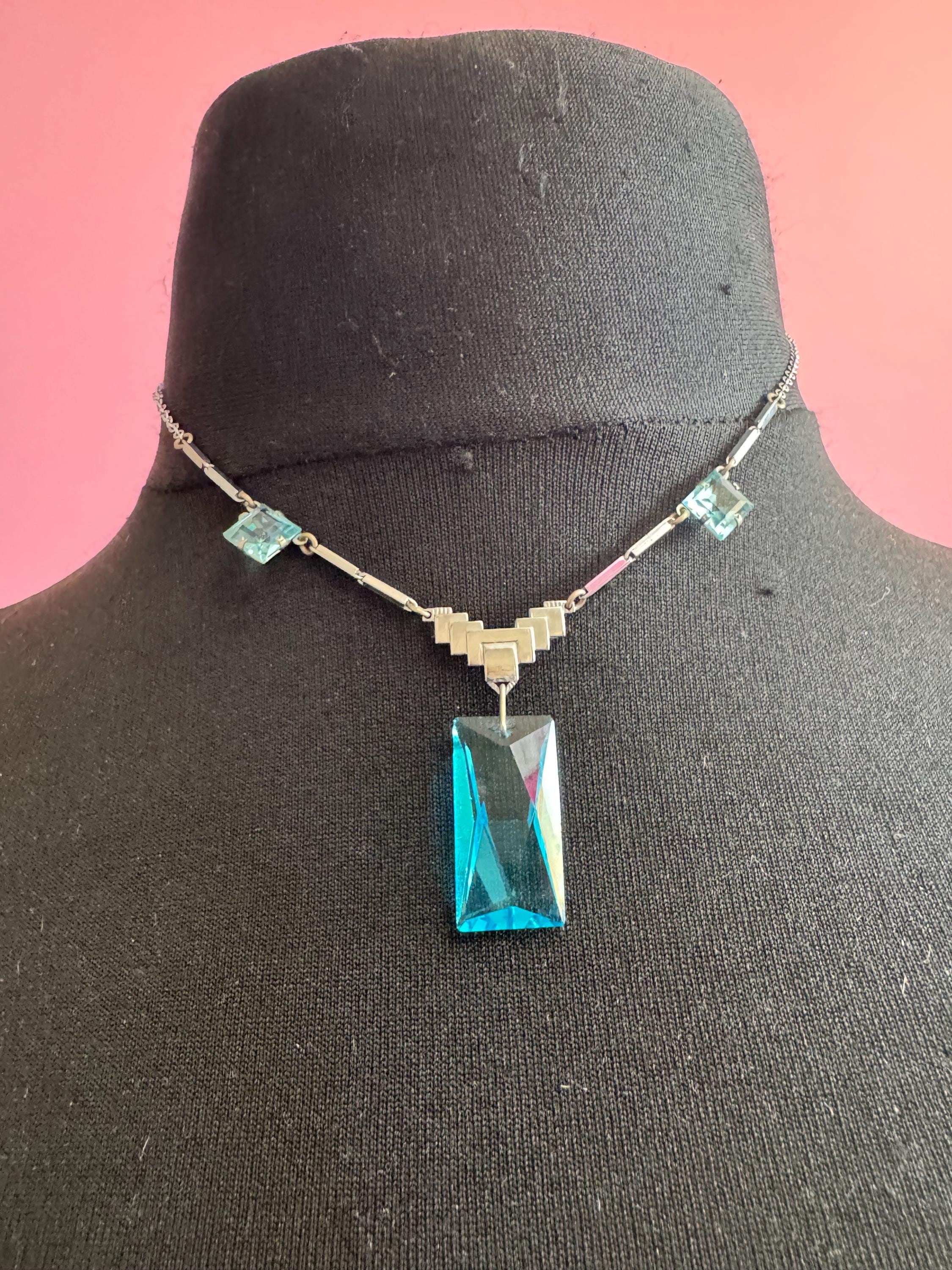 Czech Open Back crystal turquoise necklace, blue clear square art deco glass pendant