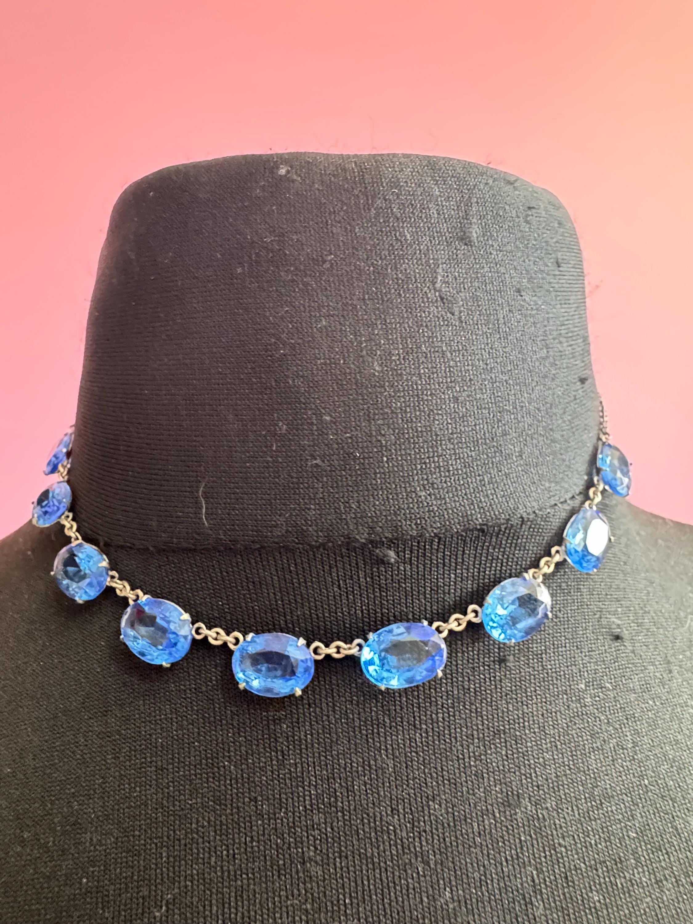 Petite fit sapphire open back crystal necklace, art deco white metal blue bezel chain